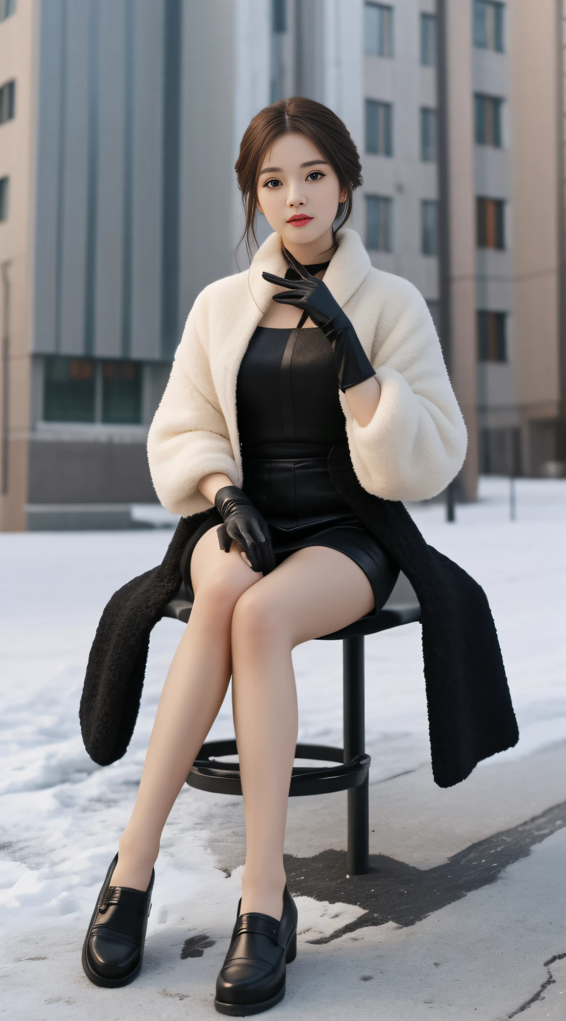 Focus:1.2, perfect figure beautiful woman:1.4,，Best face quality, Ultra-high facial detail，Ultra-high pupil detail，slimfigure，Smaller bust，at winter season，围巾，outside，Sit Pose，Hair is slightly curled，Small leather shoes，Cute gloves