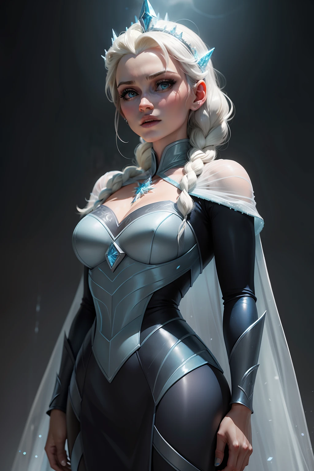 Elsa (Frozen) fusao Mr. Freeze: Uma rainha do gelo com uma armadura de criogenia o, fundo tema. crie um personagem fundido