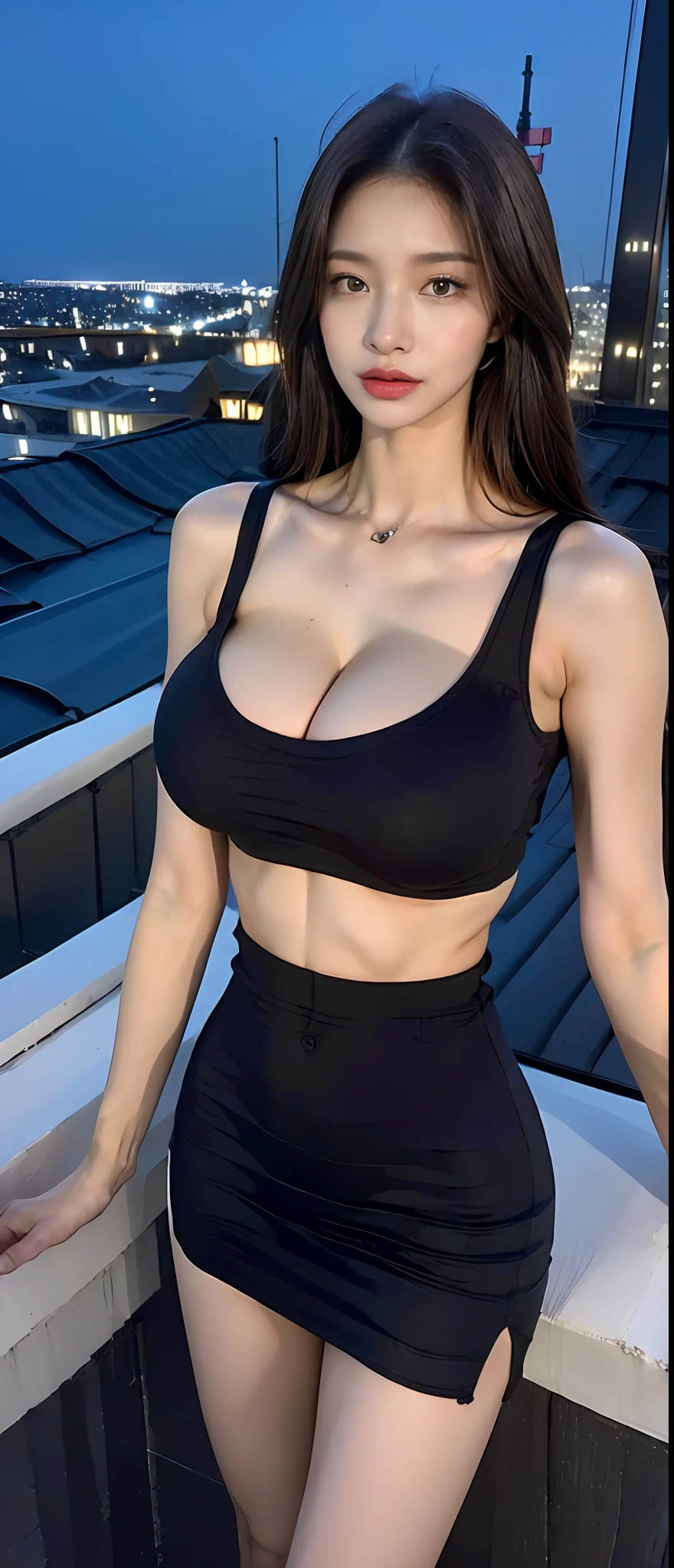 ((Midnight, Best quality, 8k, Masterpiece :1.3)), Whole body, Long legs, Sharp focus :1.2, A pretty woman with perfect figure :1.4, Slender abs :1.1, ((Dark brown hair, Big breasts :1.2)), (tanktop, Standing:1.2), ((Night city view, Rooftop:1.3)), Highly detailed face and skin texture, Detailed eyes, Double eyelid