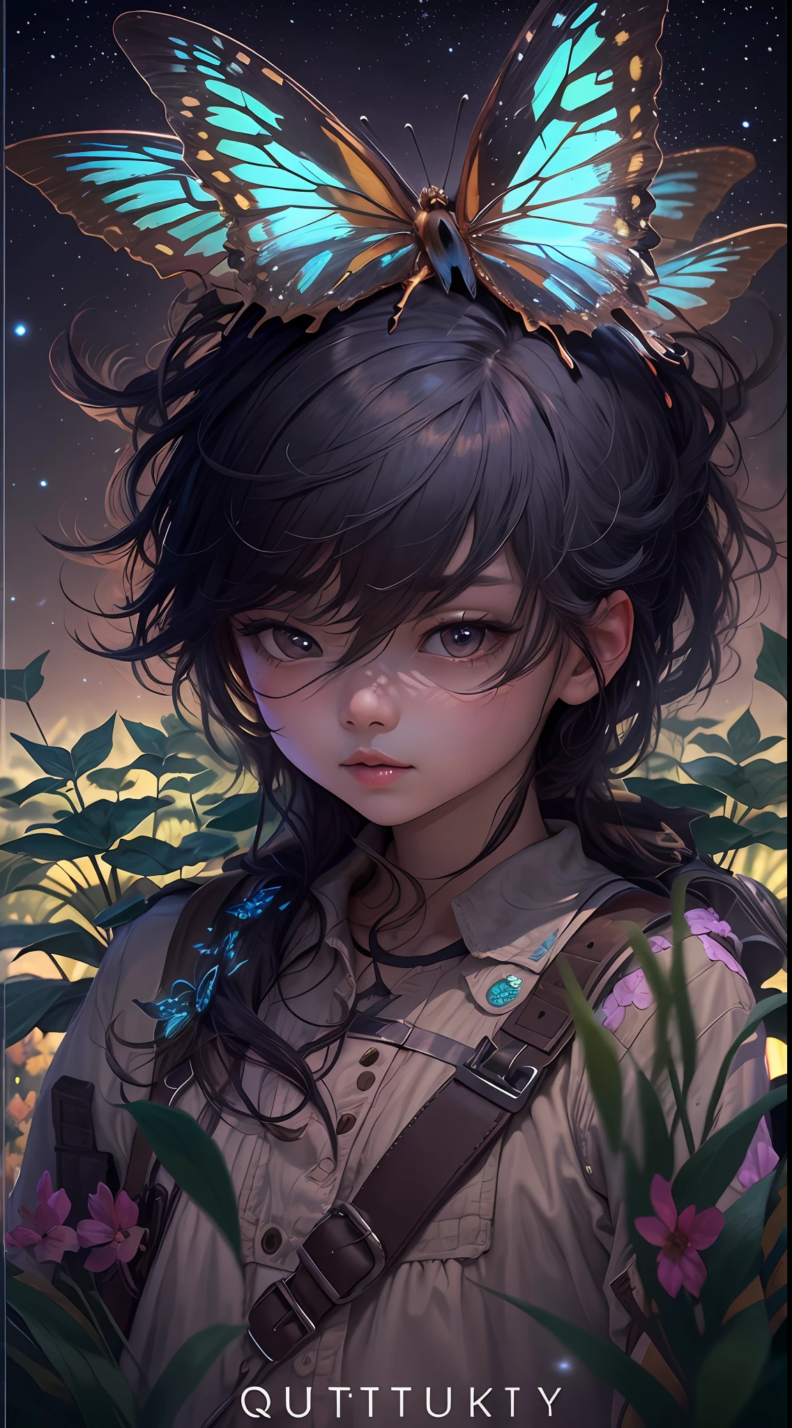 （（best qualtiy））， （（tmasterpiece））， （A detailed：1.4），Enhanced dynamic perspective，jungles，nighttime scene，starrysky，（darkly：1.4），（（Baby adventurer standing in front of an oversized butterfly，Butterflies spread their huge wings，shimmering under the moonlight，A starry stream flowed in front of him）），Crocodiles float on the water，（Adventurer backpack），（weeds），florals，（（（adventurer clothing））），super-fine，Works of masters，high qulity，8K分辨率，depth of fields，电影灯光，Epic shooting，high qulity，super-fine，Detailed pubic hair，Accurate，Cinematic lighting，