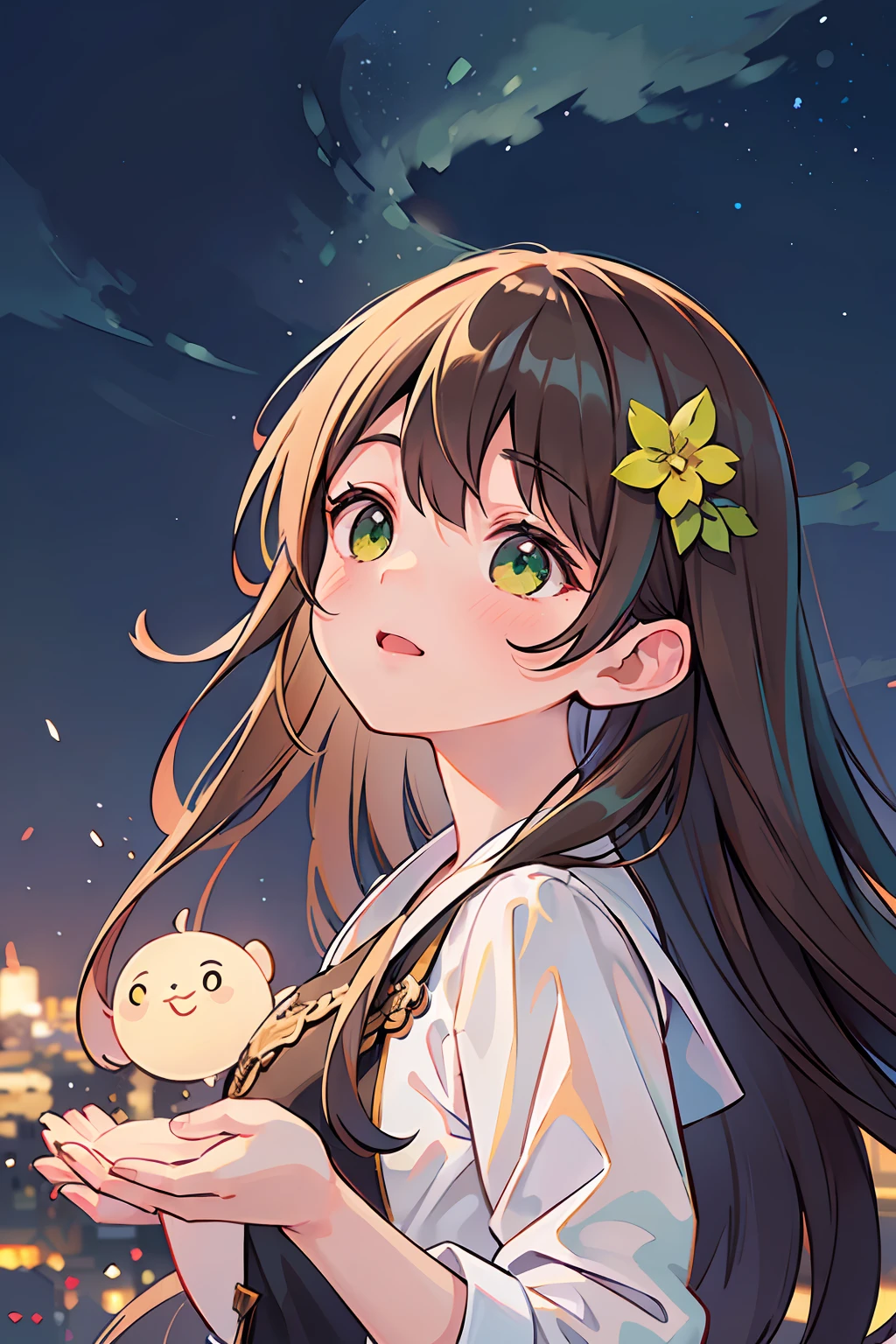 (masterpiece), best quality, beautiful detailed hair detailed face, ultra high res, sharp focus, ((1 woman, solo)), perfect feminine face, very stunning woman, upper body, medium long shot, MLS, chesnut brown hair, flowing messy long hair, ((green eyes)), surprises face, (looking up), floating in the night sky