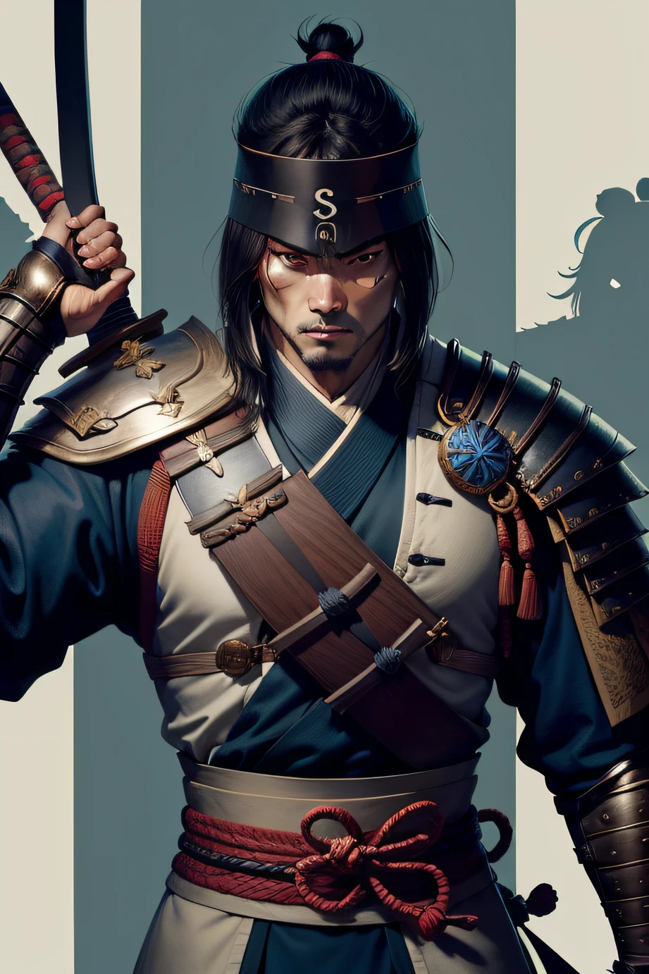 samurais、One-eyed swordsman、Wakamusha、Tall、well-muscled、Black armor、Blue background、