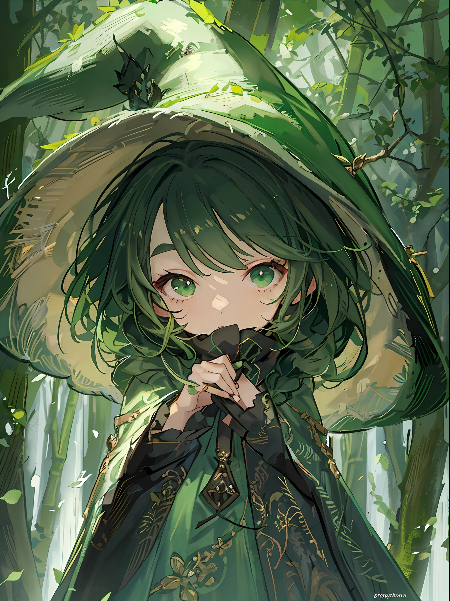 (Simple green witch robe and big green shirt,Cute girl with simple green witch big hat and braid, Cute black hair girl, Approx., short height, Dark hair , Green dressing gown, Split lips,Upper body, light Particle, forest, Intense sunlight,Effect of twinkling aerial light,Oversized shirt),masterpiece, top-quality, in 8K, detailed skin textures, Detailed Cloth Texture, beautifull detailed face, intricate detailes, ultra-detailliert