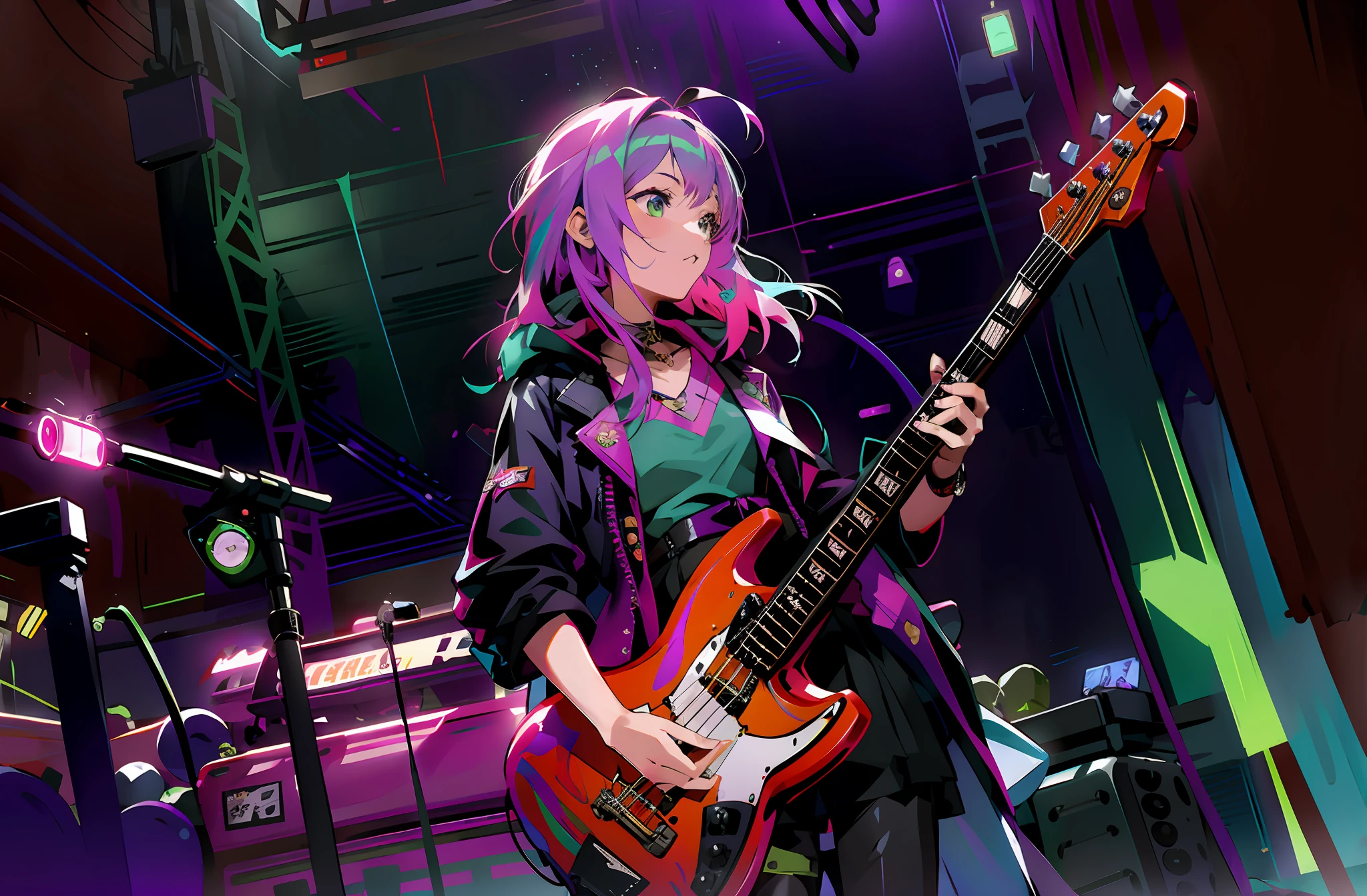 Purple and green electric guitarist with purple and green hair, No bangs, Marin Kitagawa fan art, Yui Otekawa, bassist, Kushat Kent, Anime moe art style, playing guitar onstage, Produced with anime artist studios, concept-art, Adam Mayoki, artificial lights, offcial art, flipped hair,