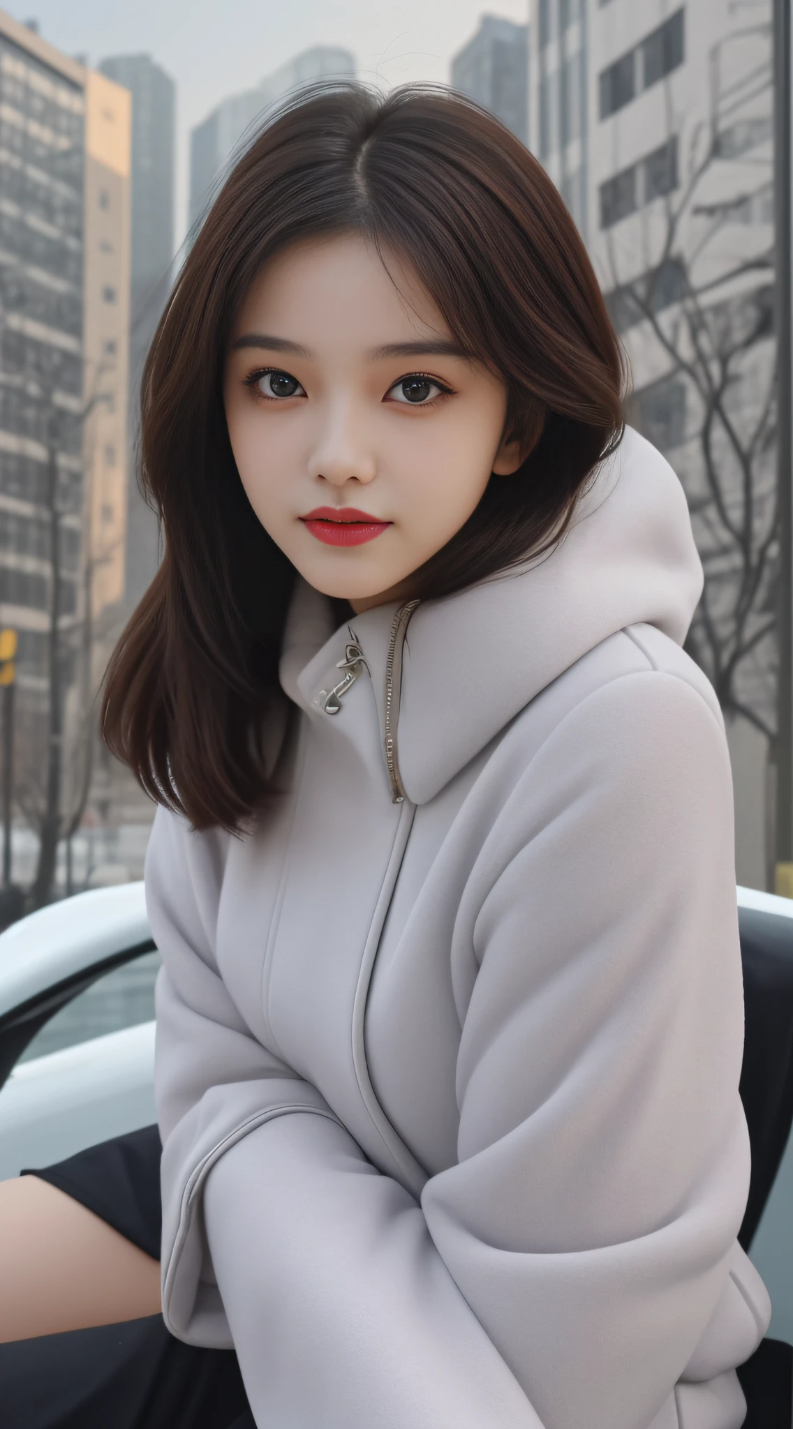 Focus:1.2, perfect figure beautiful woman:1.4,,Best face quality, Ultra-high facial detail,Ultra-high pupil detail,slimfigure,Smaller bust,at winter season,围巾,outside,Sit Pose,Hair is slightly curled,