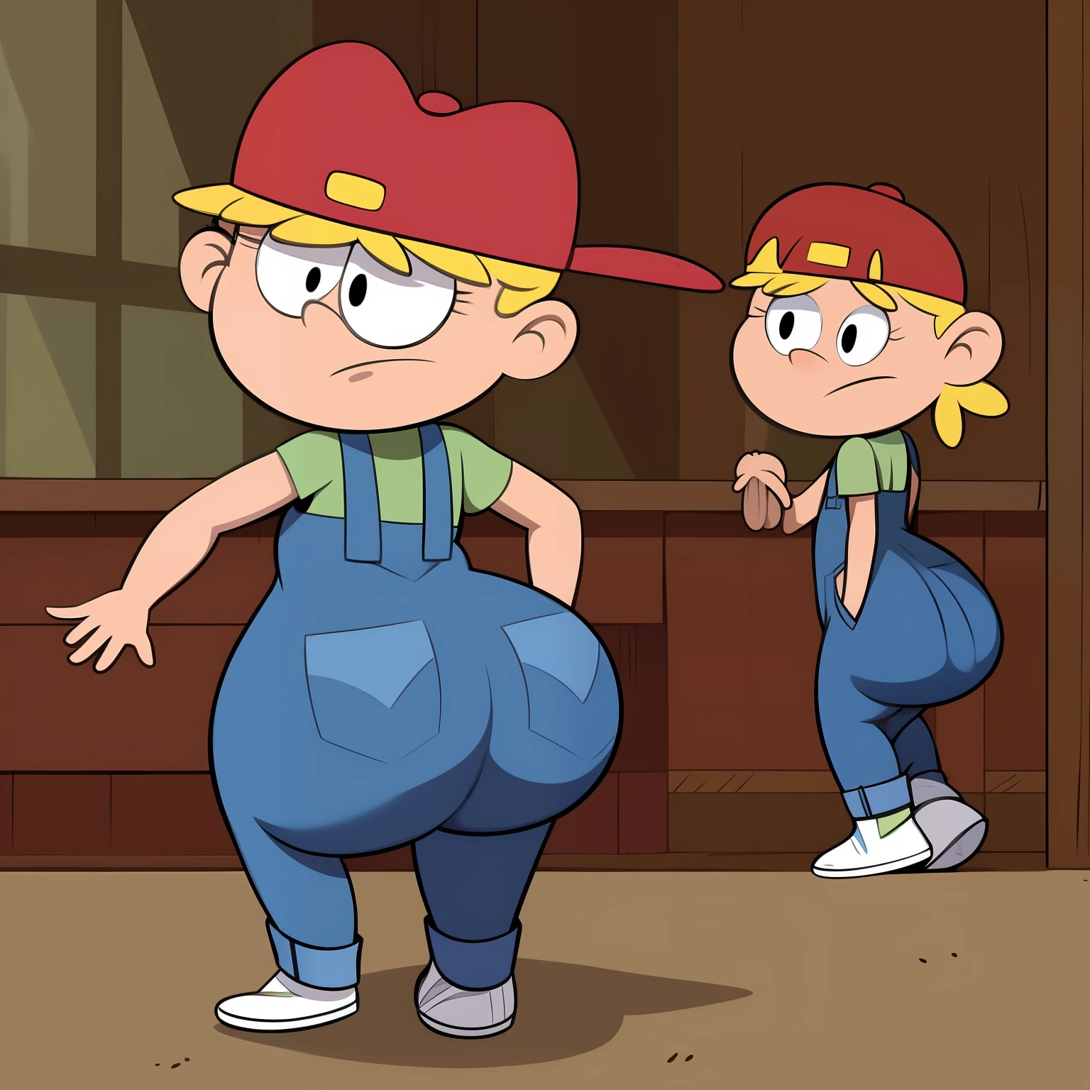 ((masterpiece, best quality)),(complex light), 1girl, solo, full body, Lana Loud, overalls, red headwear, big butt