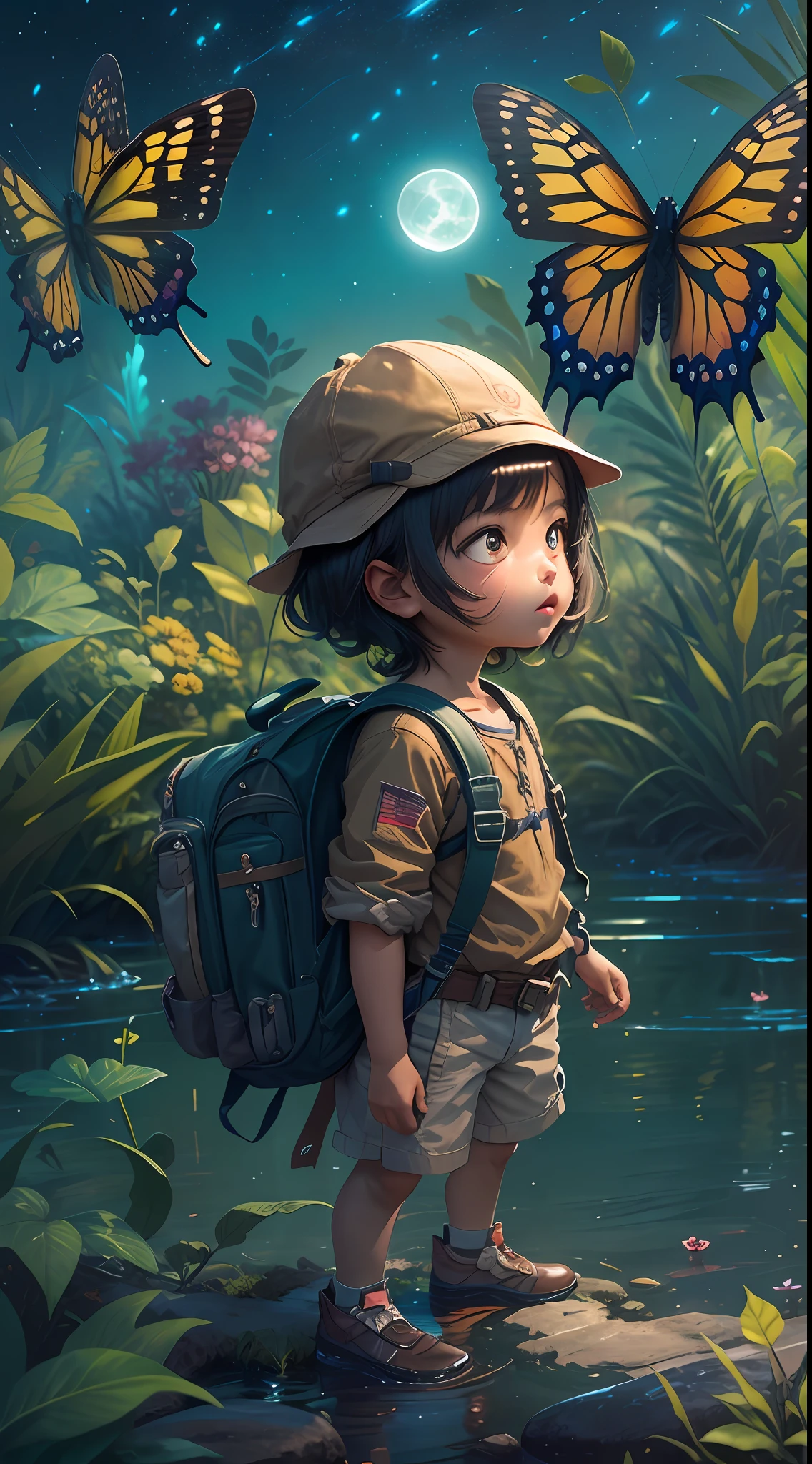 （（best qualtiy））， （（tmasterpiece））， （A detailed：1.4），Enhanced dynamic perspective，jungles，nighttime scene，starrysky，（darkly：1.4），（（Baby adventurer standing in front of an oversized butterfly，Butterflies spread their huge wings，shimmering under the moonlight，A starry stream flowed in front of him）），Crocodiles float on the water，（Adventurer backpack），（weeds），florals，（（（adventurer clothing））），super-fine，Works of masters，high qulity，8K分辨率，depth of fields，电影灯光，Epic shooting，high qulity，super-fine，Detailed pubic hair，Accurate，Cinematic lighting，