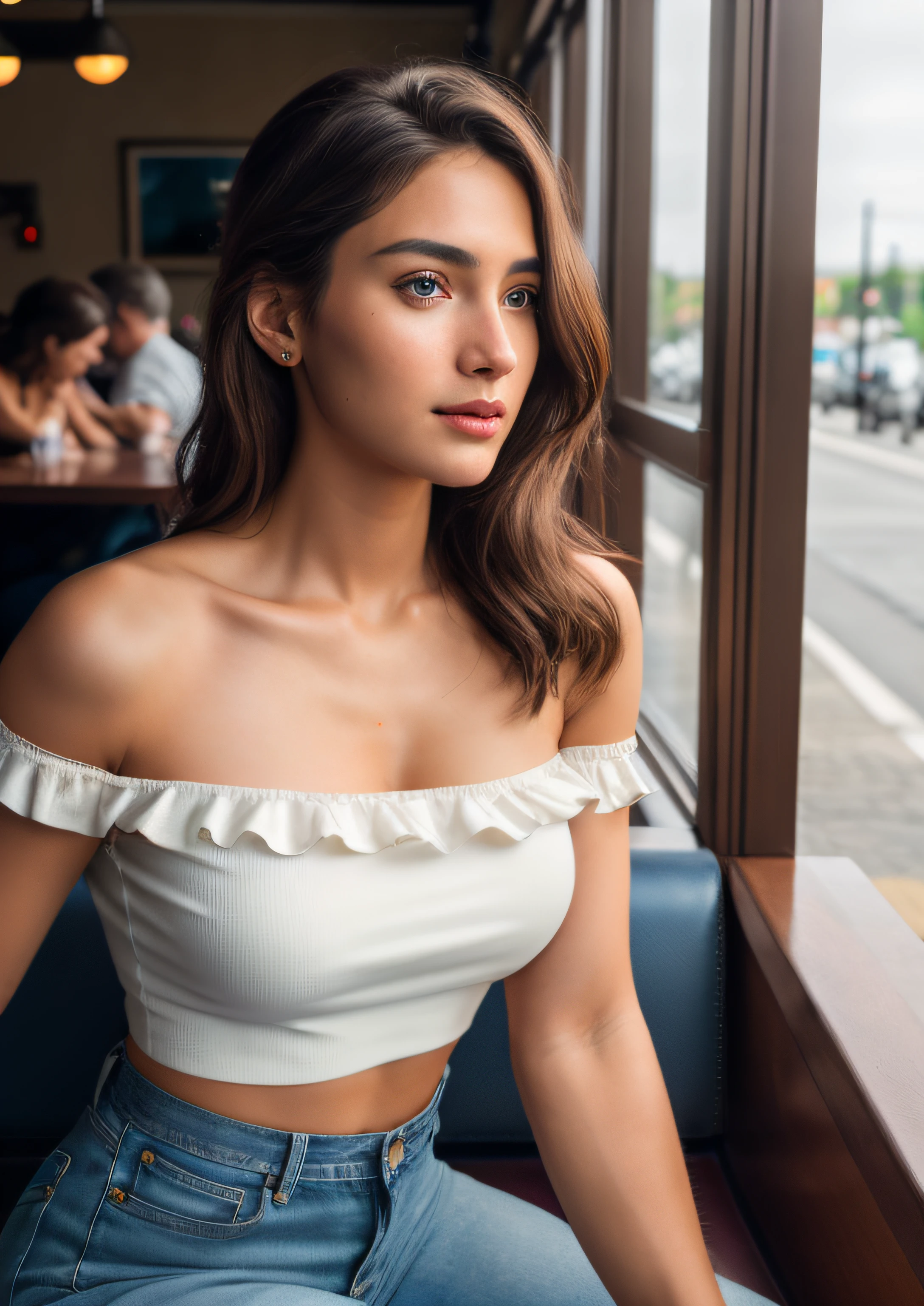 ((nsfw)), 8k, RAW photo, best quality, ultra high res, photorealistic, realistic photo of a girl wearing a croptop, bare shoulders, jeans, sitting in a diner, beautiful, detailed face, detailed, highres, realistic, photorealistic, full body, head to toe, legs, matte skin, pores, wrinkles, (extremely detailed CG unity 8k wallpaper), photo of the most beautiful artwork in the world, professional majestic (photography by Steve McCurry), 8k uhd, dslr, soft lighting, high quality, film grain, Fujifilm XT3 sharp focus, f 5.6, High Detail, Sharp focus, dramatic, (looking at viewer:1.2), (natural light)