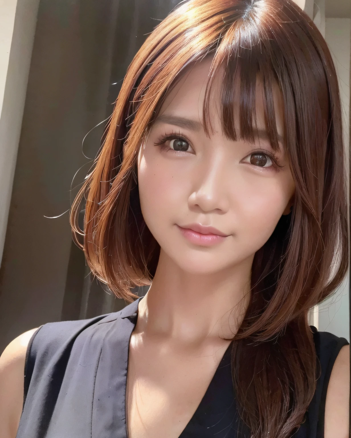 Close up portrait of woman with black top and brown hair, girl cute-fine-face, 奈良美智, Larisa Manobal, the face of a beautiful Japanese girl, chiho, cute - fine - face, 8K selfie photo, sakimichan, hime-cut