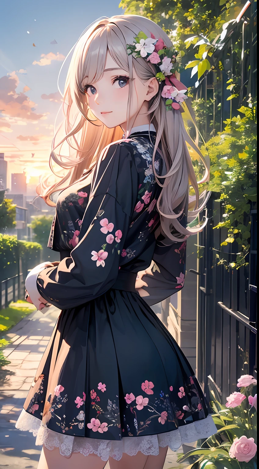 (Close-up of the painting style,8k ultra high definition,Masterpiece grade vista CG wallpaper),Beautiful skyline,Magnificent sky,美丽细致的眼睛,cute girly,Perfect slim body,shift dresses,Pure eyes,The skin is smooth like a baby,Stand on an island in the sea,Overlooking the earth,Skysky,the trees,Colorful flowers and plants。