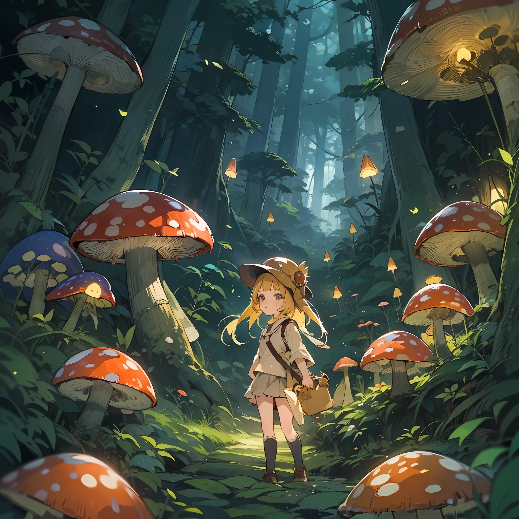 "(((masutepiece))), Best Quality Adventurer Anime Illustration、Cute 、You are adventuring in a fantastic night forest with large mushrooms that luminescent"