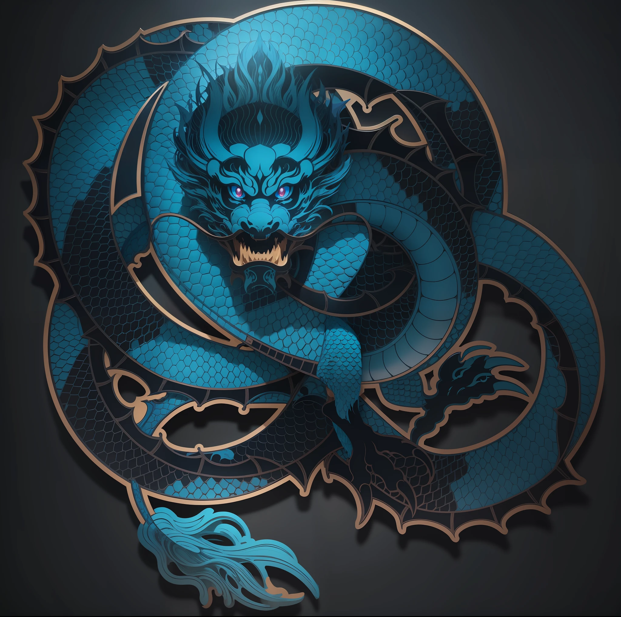 There is a circling dragon on it,Dark blue faucet head，Dark blue dragon body:1.5，The faucet is in the middle，Powerful dragons, There were clouds floating next to it，Flat pattern，ancient chinese ornate, Official artwork,,chinoiserie pattern, tmasterpiece， super detailing， Epic composition， hyper HD， high qulity， extremely detaile， offcial art， 统一 8k 壁纸， super detailing