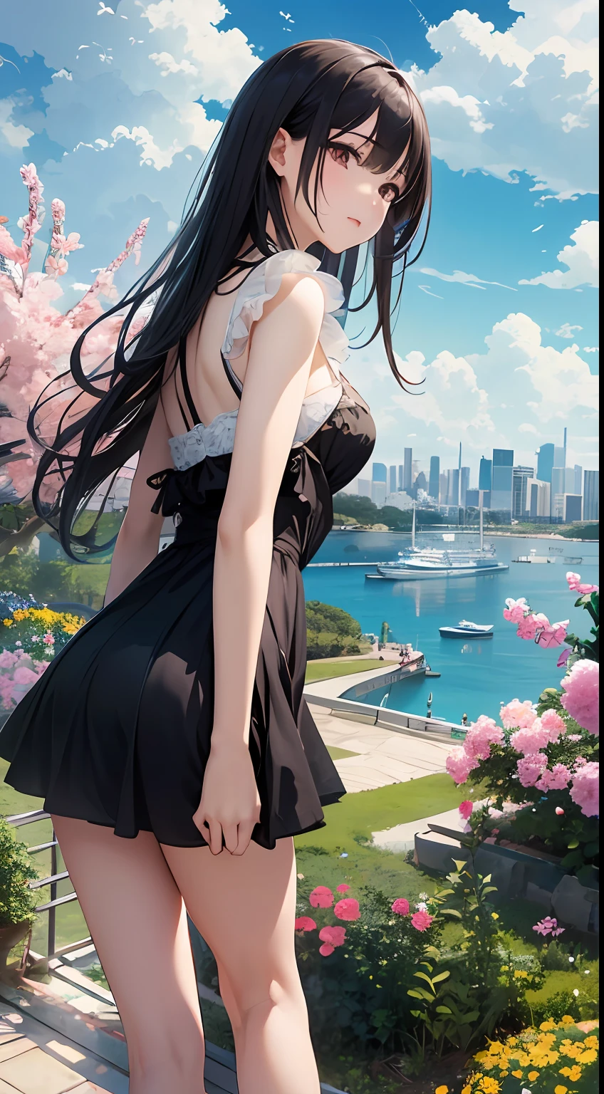 （Close-up of the painting style，8k ultra high definition，Masterpiece grade vista CG wallpaper），Beautiful skyline，Magnificent sky，美丽细致的眼睛，cute girly，Perfect slim body，shift dresses，Pure eyes，The skin is smooth like a baby，Stand on an island in the sea，Overlooking the earth，Skysky，the trees，Colorful flowers and plants。