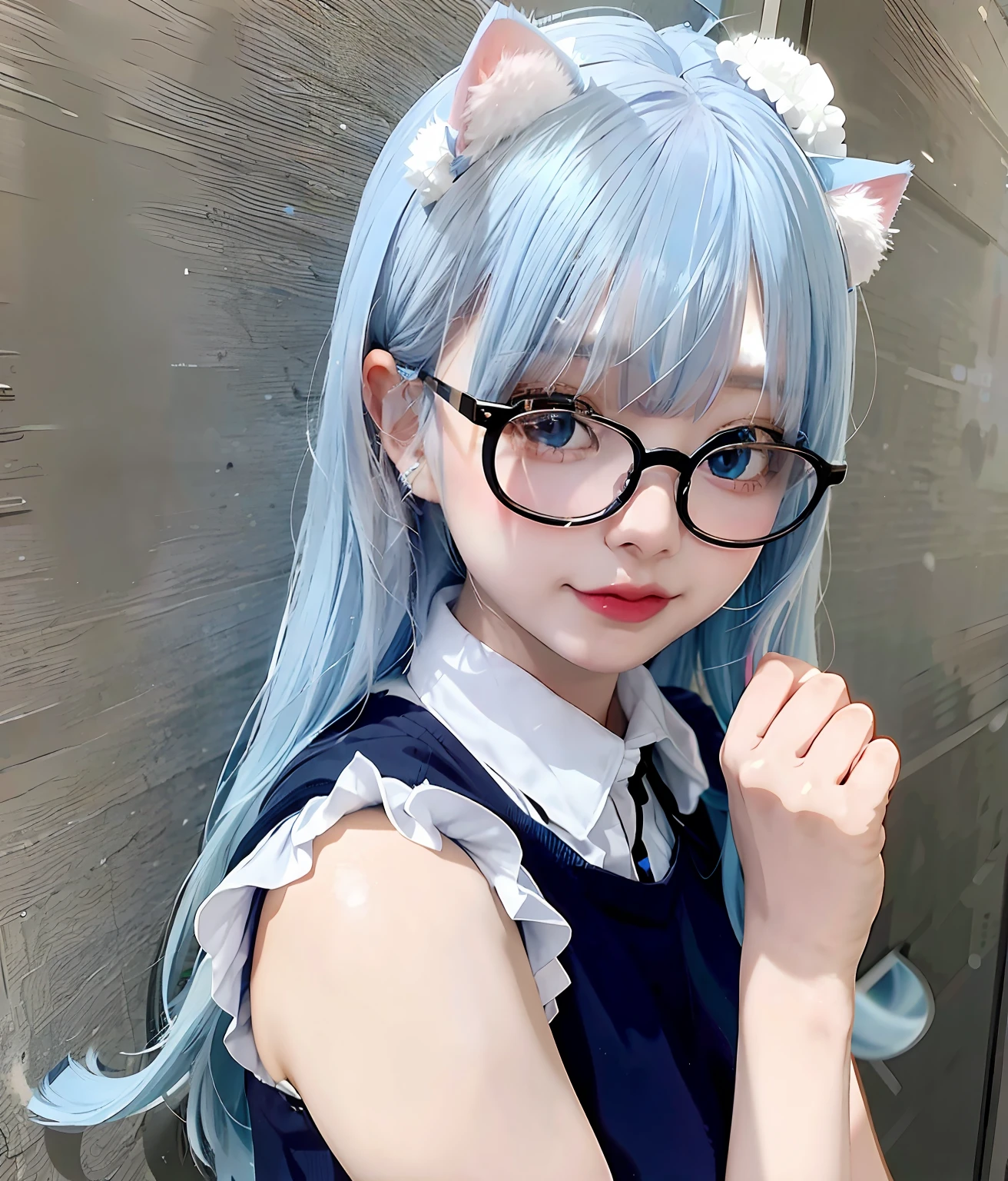 There is a young girl with blue hair and glasses posing for a photo, Anime girl in real life, hyper realistic anime, Realistic anime 3 D style, Photorealistic anime, 3 d anime realistic, Anime girl cosplay, very beautiful cute catgirl, Realistic anime, anime girl with cat ears, Very beautiful anime cat girl, beautiful anime catgirl, Realistic anime art style