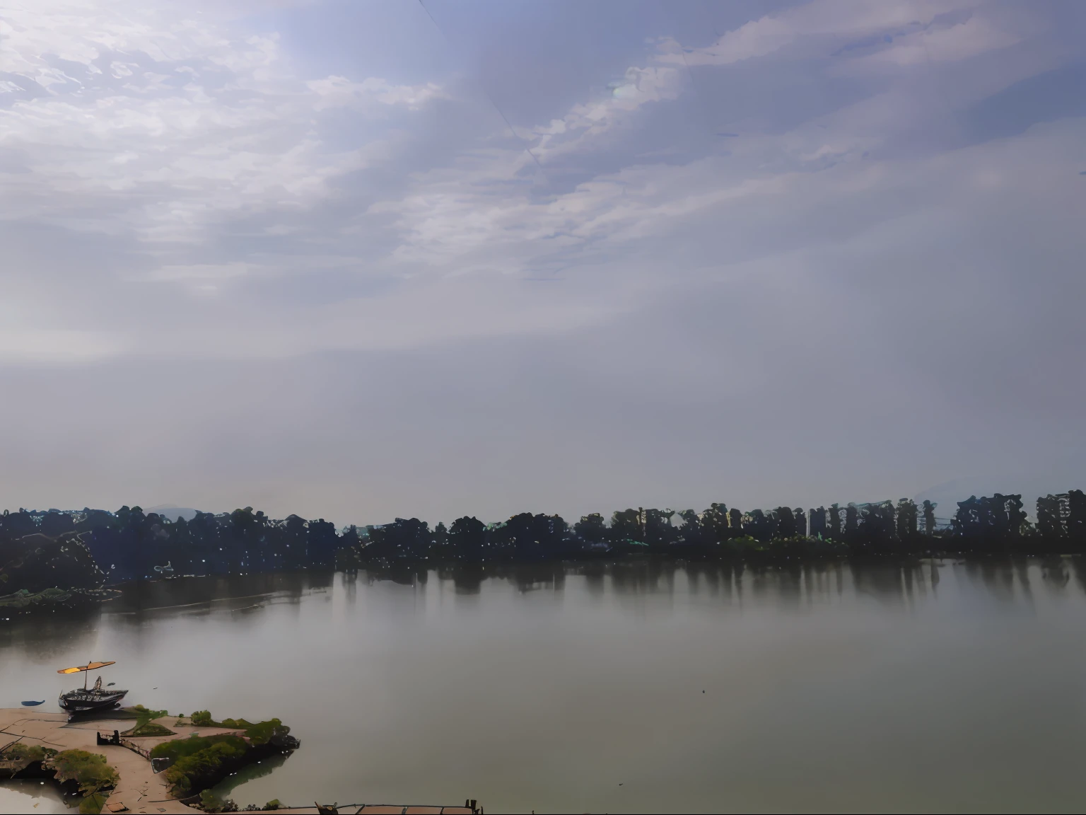 There is a boat parked on the shore of the lake, Lake in the background, Lake in the distance, taken with sony alpha 9, shot on nikon z9, it has a lake in the distance, detailed lake in background, lake in foreground, perto de um lago, taken with a Sony A7R camera, near a small lake, beautiful tranquil day