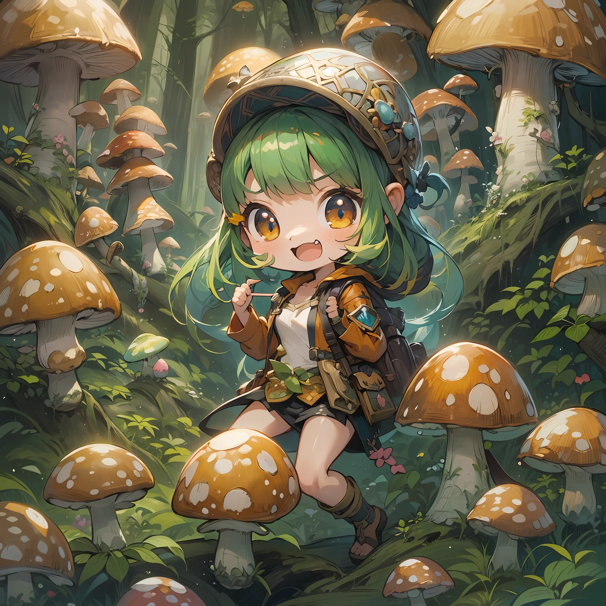 Has a small, Cute, 99+ Girls, Large mushrooms with light, Fantastic night forest, (((Chibi, kawaii, adventurer))), Smile, Anime, anime illustrated, (((Fantasyart))), (((masutepiece))), Anatomically correct, high details, High quality, awardwinning, Best Quality, hight resolution, 4K