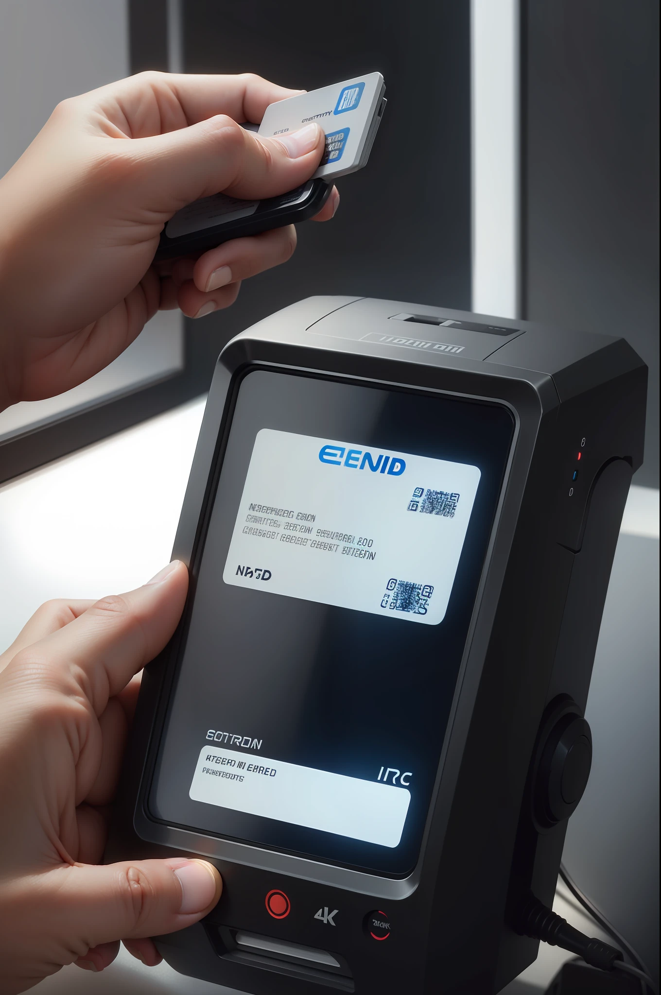 there is an electric ID card in hand, scan device, Secure Contactless Payment Device, ultra realistic, ultra detailed, 8k, photorealistic, highly detailed, cinematographic
