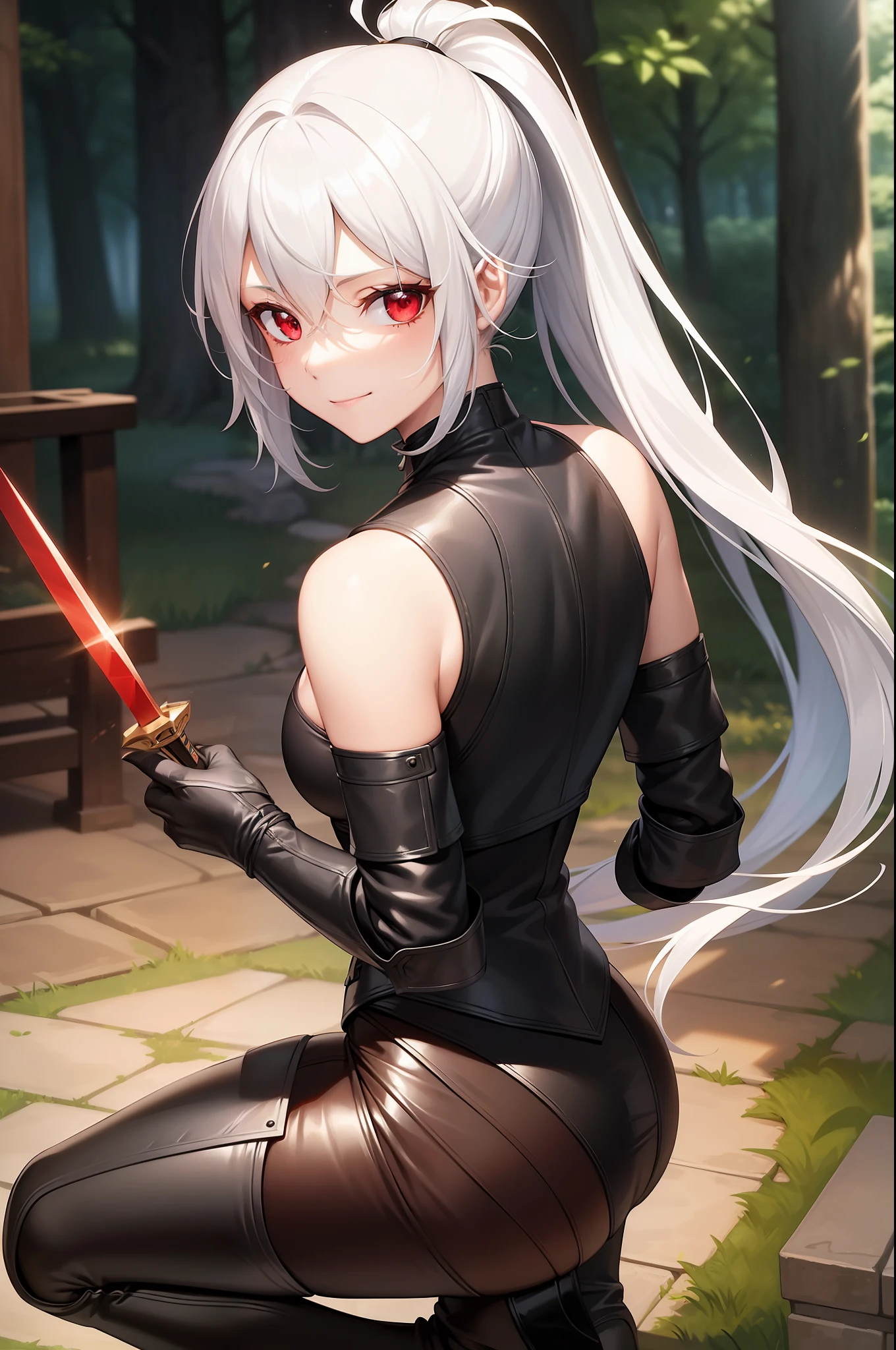masterpiece, highres, best quality, leather armor, 1girl, solo, White hair, ponytail, smile, forest backround, red eyes, holding a daggers in each hands, rogue, leather leggings