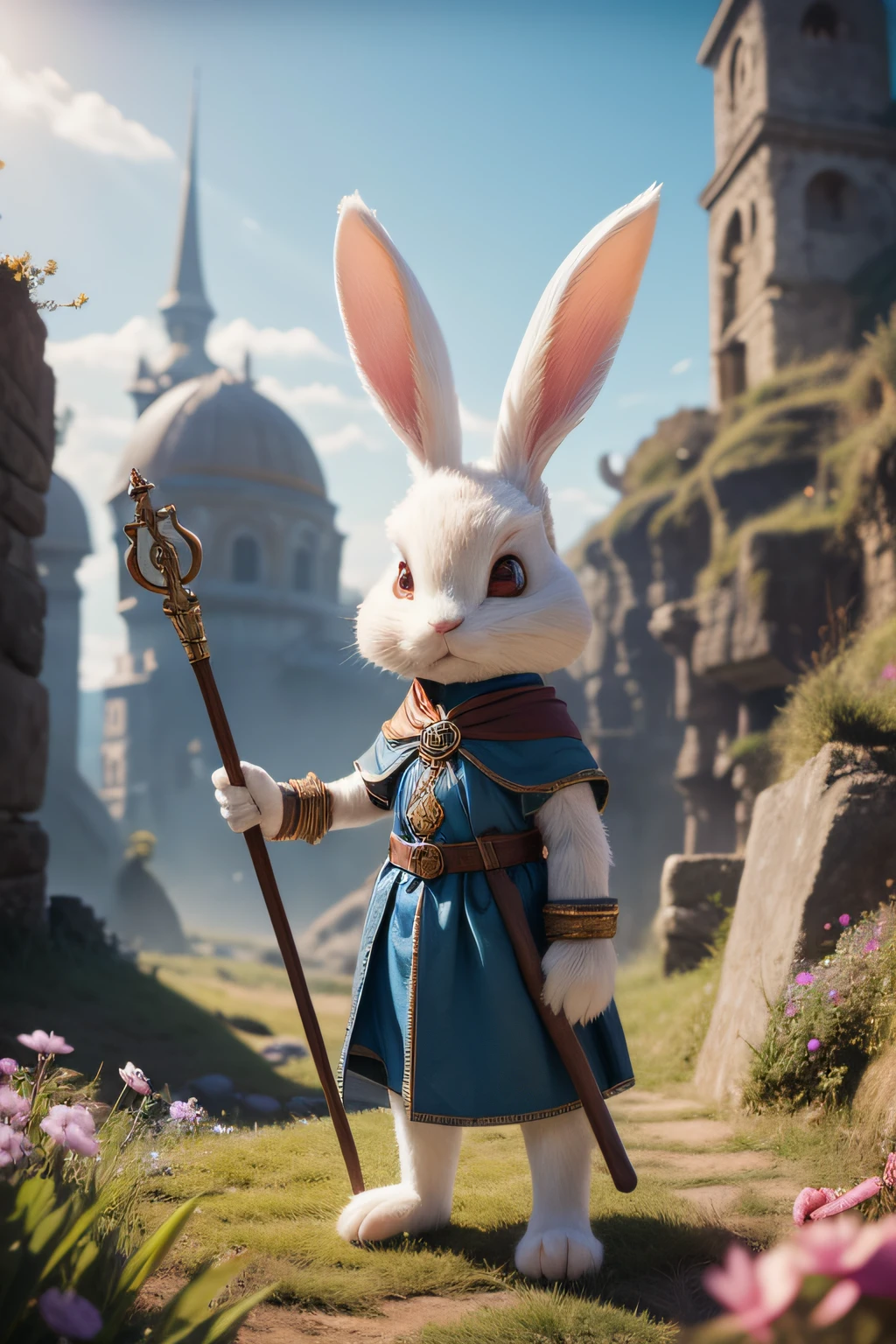 photore，Realiy，primitive，Anthropomorphic female rabbit，adolable，holding a staff，Fantasy movie style，Sunny one，Bright，Cute，