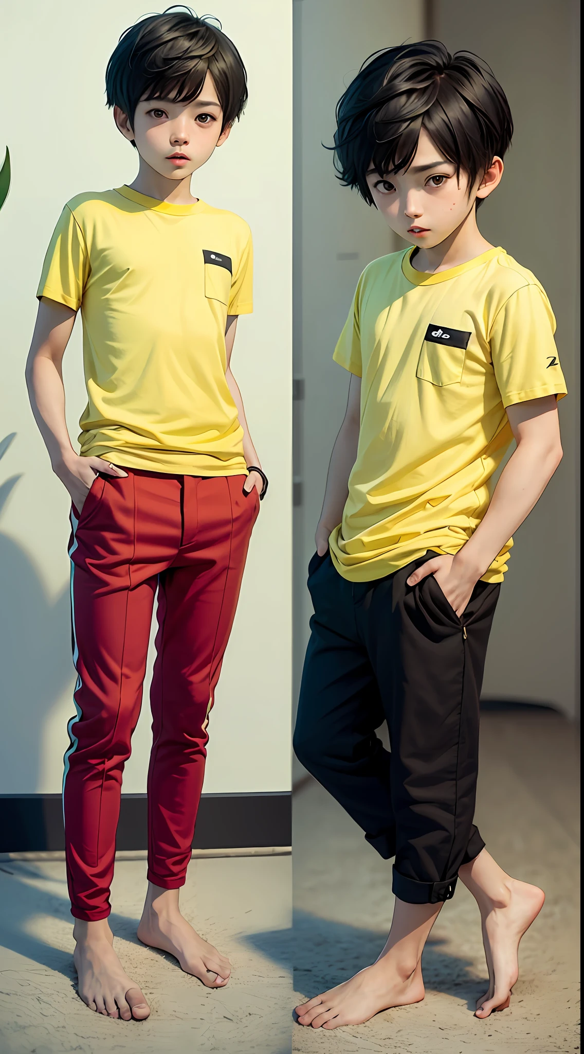 Shota,Bare-legged and barefoot,Yellow-skinned,Black hair,Libido boy,Red clothes,shorter pants,Handsome,sprout