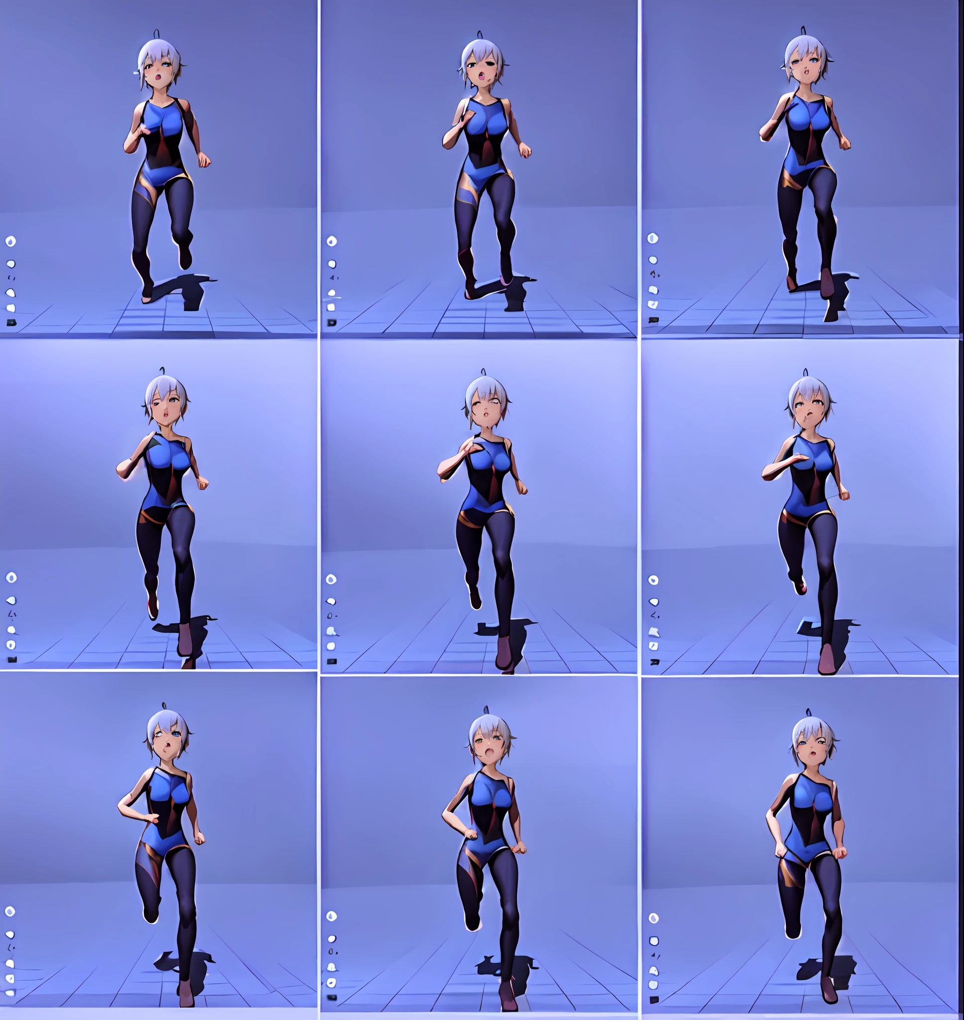 the anime girl is running, running sequence, various pose, default pose neutral expression, fullbody dynamic poses, character animation, running pose, dynamic poses, dynamic pose perspective, pose reference, style of titmouse animation, full body with dynamic pose, fullbody shot turnaround, various action poses