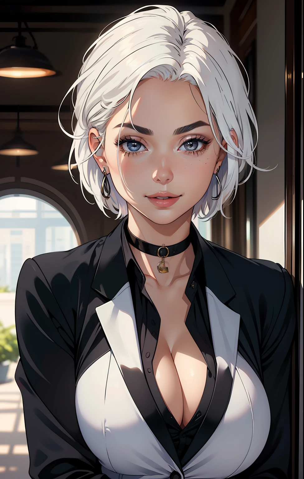 photorealistic, (hyperrealistic:1.2), beautiful, masterpiece, best quality, extremely detailed face, perfect lighting, full body, short hair, ((white hair)),full lips,thick eyebrows,1girl, medium breasts, smiling,((1girl)), business suit, cleavage,black suit,skirt,black choker