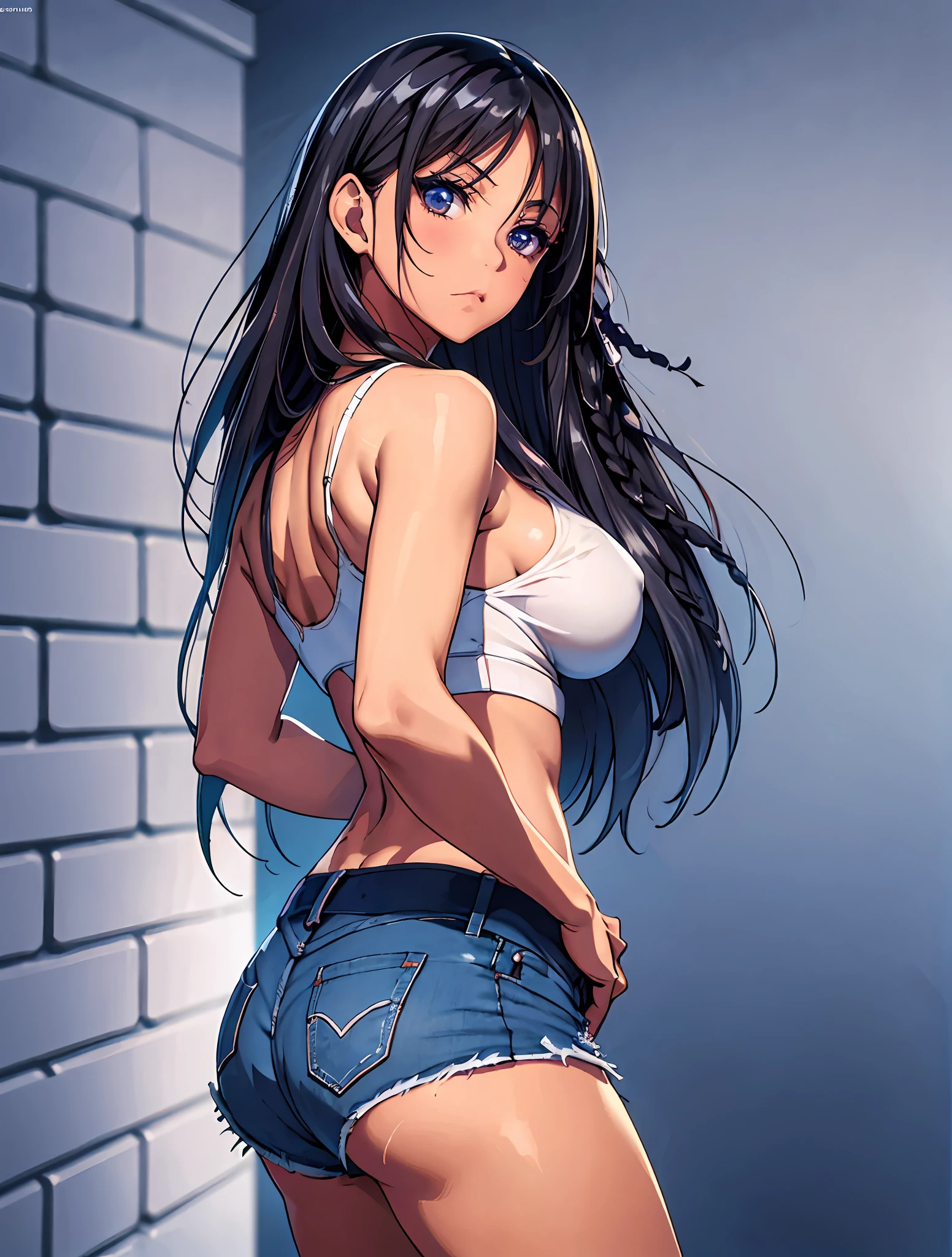 Hyper realistic photograph of a beautiful girl standing, rosto de Horikita suzune , de olhos azuis e pele branca, usando um short curto, micro short jeans apertado, micro camisa, large and voluminous breasts sagging breasts huge breasts gigantic breasts full breasts protruding breasts, coxas grossas, de costas para o telespectador , looking back Full body