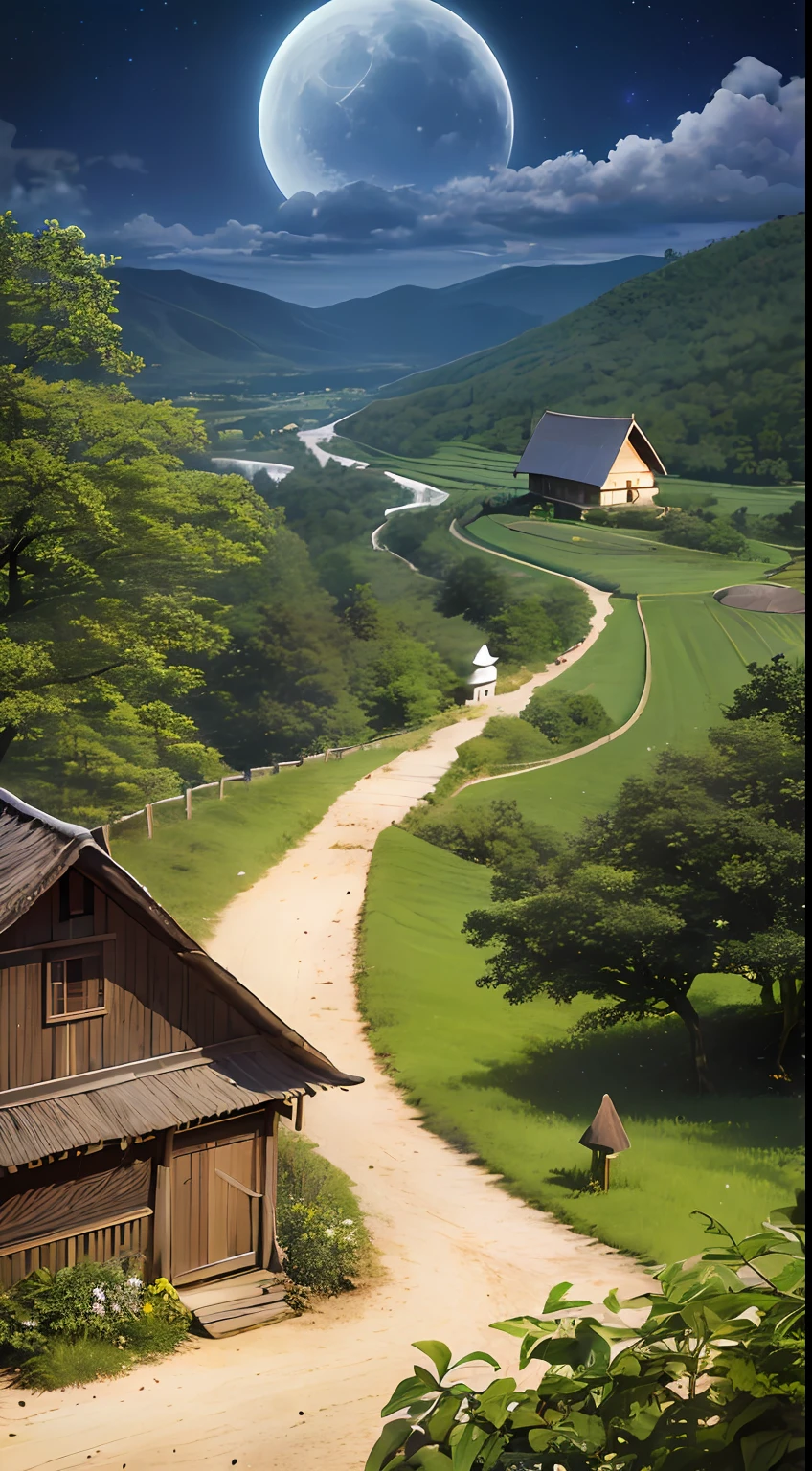 natta,rice,themoon,Dark,hillside,ln the forest,Rustic,paths,peasant,thatched hut,the night