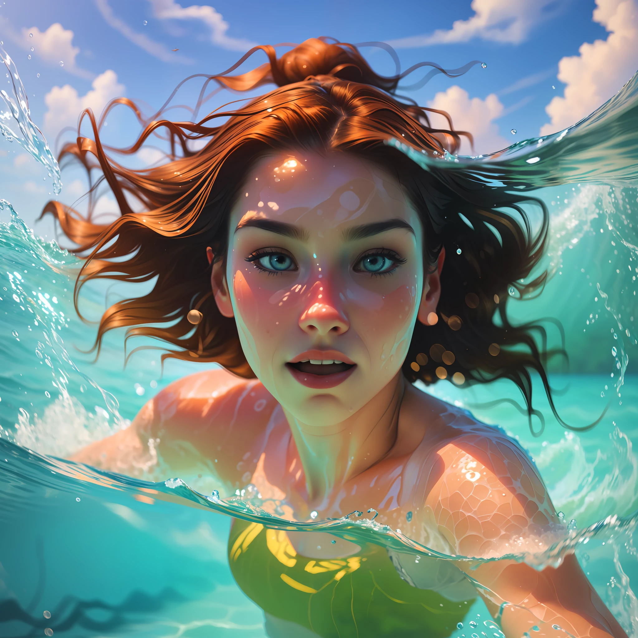 (swimmer diving), a beautiful portrait in realistic style, oil painting, with a touch of surrealism, (1 woman), tanned skin, long wavy hair, diving in crystal clear water, vibrant reflections, elegant movement, background in shades of light blue, soft waves, aquatic nuances, Kodak Portra 400, natural light, intricate details, hyper-realistic photography, cinematic, cinema, hyper-detail, UHD, color correction, hdr, color grading, hyper-realistic CG animation