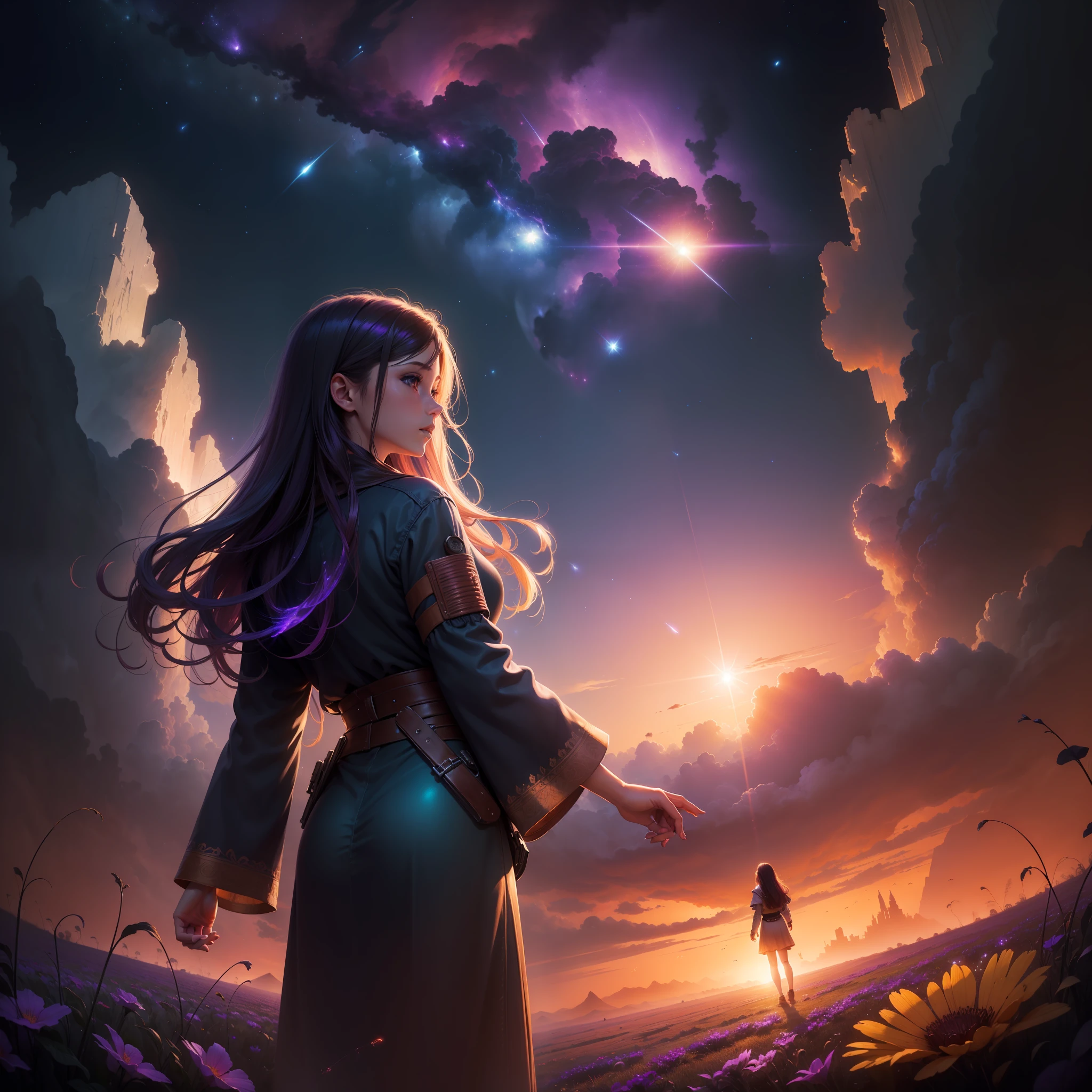 expansive landscape photograph , (a view from below that shows sky above and open field below), a girl standing on flower field looking up, (full moon:1.2), ( shooting stars:0.9), (nebula:1.3), distant mountain, tree BREAK
production art, (warm light source:1.2), (Firefly:1.2), lamp, lot of purple and orange, intricate details, volumetric lighting BREAK
(masterpiece:1.2), (best quality), 4k, ultra-detailed, (dynamic composition:1.4), highly detailed, colorful details,( iridescent colors:1.2), (glowing lighting, atmospheric lighting), dreamy, magical, (solo:1.2)