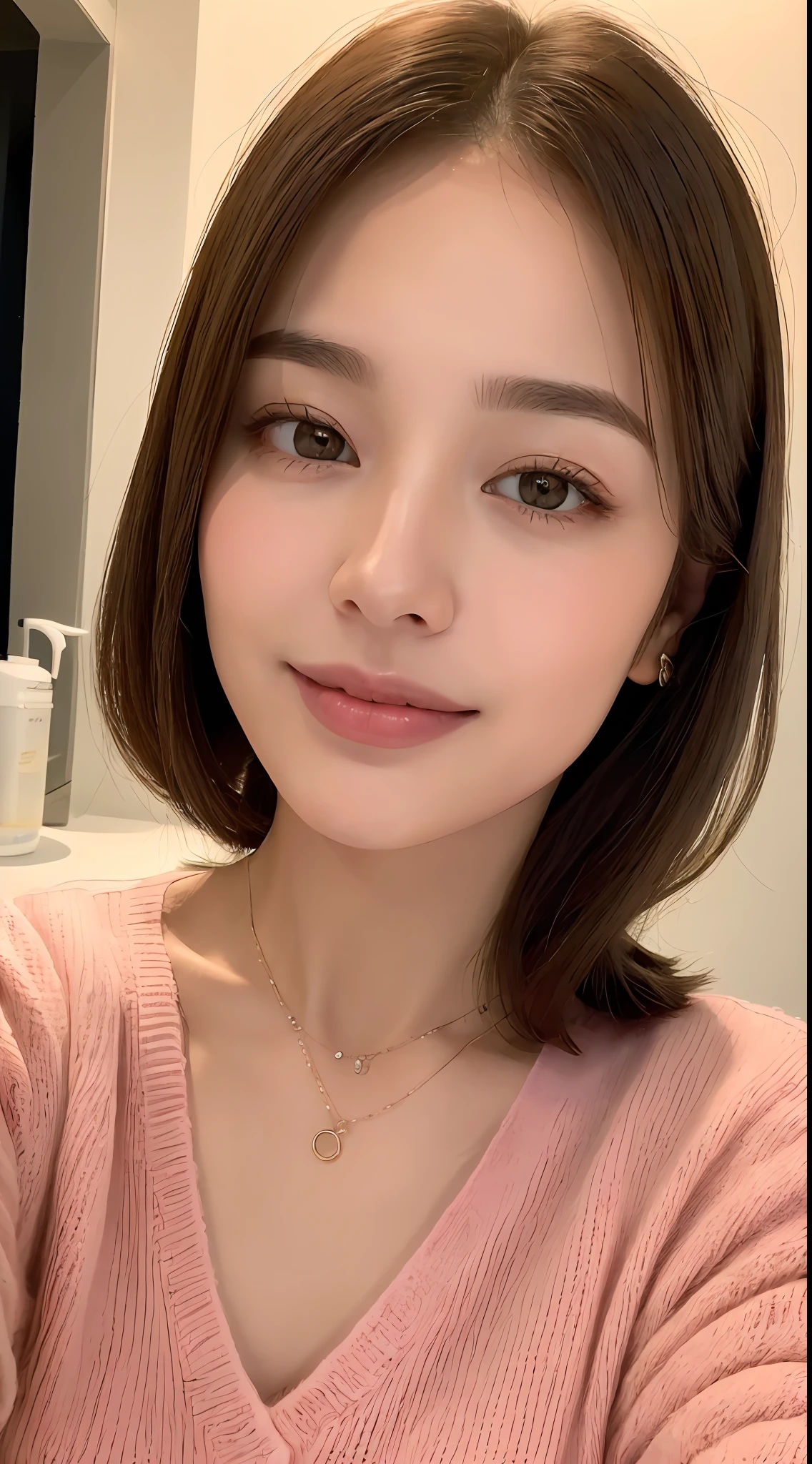 ((Night, Realistic Light, Best Quality, 8K, Masterpiece: 1.3)), 1girl, Slim Beauty: 1.4, Abs: 1.1, (Brown hair, Medium breasts: 1.3), Long pink sweater: 1.1, Bathroom, Super fine face, Delicate eyes, Double eyelids, smile, necklace