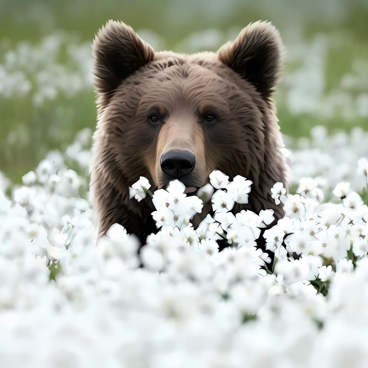 There is a brown bear standing in a flower field, white blossoms，looks into camera，8K