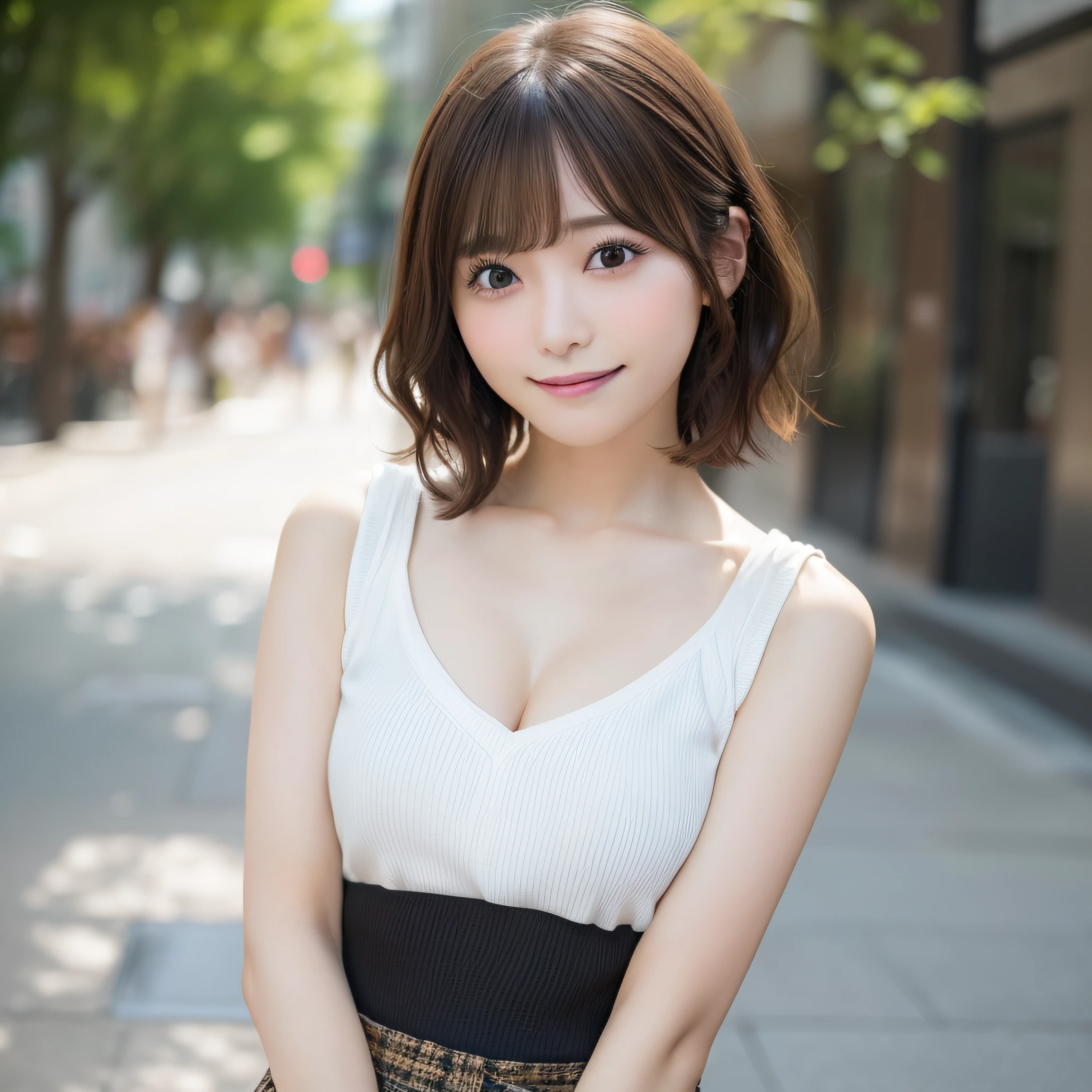 8K、Best Quality, 超A high resolution:1.2, (Photorealistic:1.4)、​masterpiece:1.3、Raw photo、 (FULL BODYSHOT:1.3)、((ample breasts、tomgirl、the head is small))、sunlights、(Chiseled abs : 1.3)、realistic eyes and face details:1.3、dual、(the perfect body : 1.1)、(short wavy hair : 1.2)、crowdedstreets、Cute clothes、thighs thighs thighs thighs、1日本人の女の子、 Cute、natural skin textures:1.2、 (Shy smile)、 Smooth skin, (Brown medium hair,Bangs)、nogizaka、Beautiful black eyes:1.３、Hands behind your hips、The camera is from a little lower、 (Background is blurry:1.4),Gravure Pose