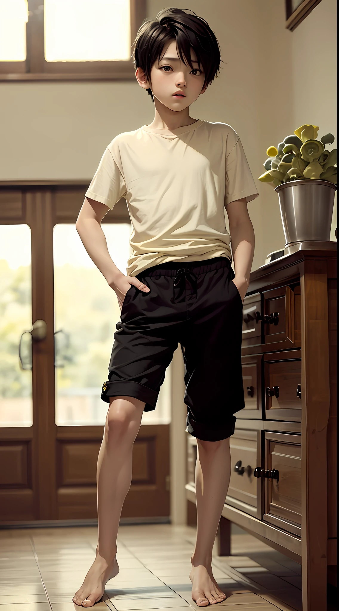 Shota，Bare-legged and barefoot，Yellow-skinned，Black hair，Libido boy，Red clothes，shorter pants，Handsome，sprout