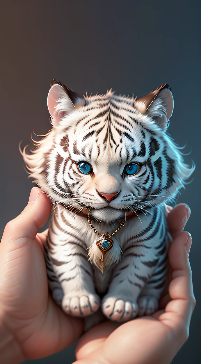 cute tiny hyperrealistic white tiger with different color eyes waring a necklace, Chibi, adorable and fluffy, logo design, cartoon, cinematic lighting effect, charming, 3D vector art, cute and quirky, fantasy art, bokeh, hand-drawn, digital painting, soft lighting, isometric style, 4K resolution, photorealistic rendering, highly detailed clean, vector image, photorealistic masterpiece, professional photography, simple space backdrop, flat white background, isometric, vibrant vector