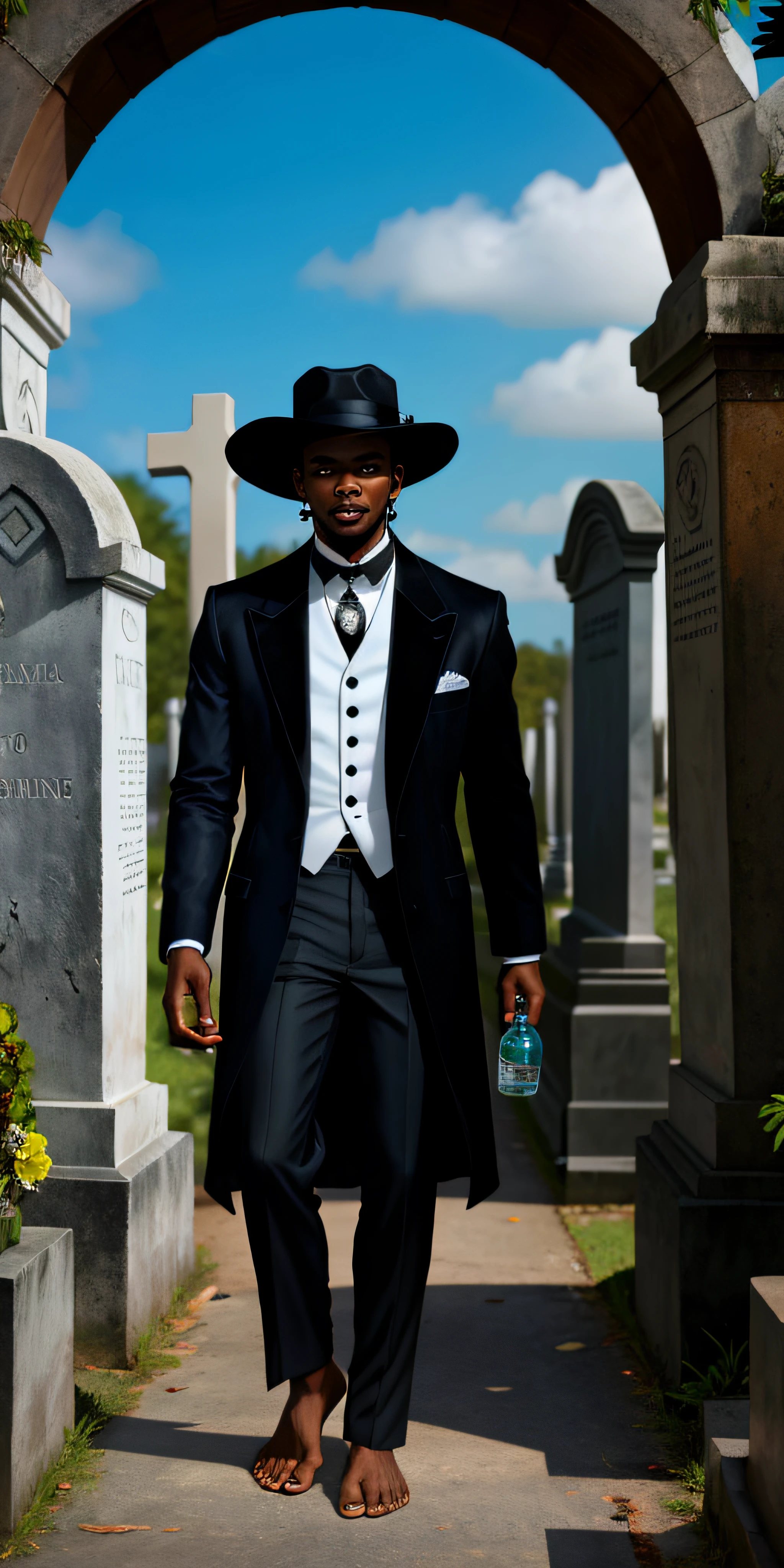 Homem alto, homem forte, capa preta, large hat, Inside the cemetery, cemetery gate, highes definition, Entidade, afro, colar branco, graves, bottle in hand, forte, barefoot.
