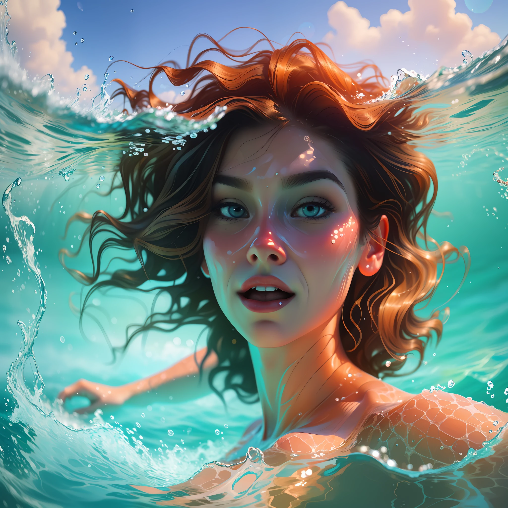 (swimmer diving), a beautiful portrait in realistic style, oil painting, with a touch of surrealism, (1 woman), tanned skin, long wavy hair, diving in crystal clear water, vibrant reflections, elegant movement, background in shades of light blue, soft waves, aquatic nuances, Kodak Portra 400, natural light, intricate details, hyper-realistic photography, cinematic, cinema, hyper-detail, UHD, color correction,  hdr, color grading, hyper-realistic CG animation