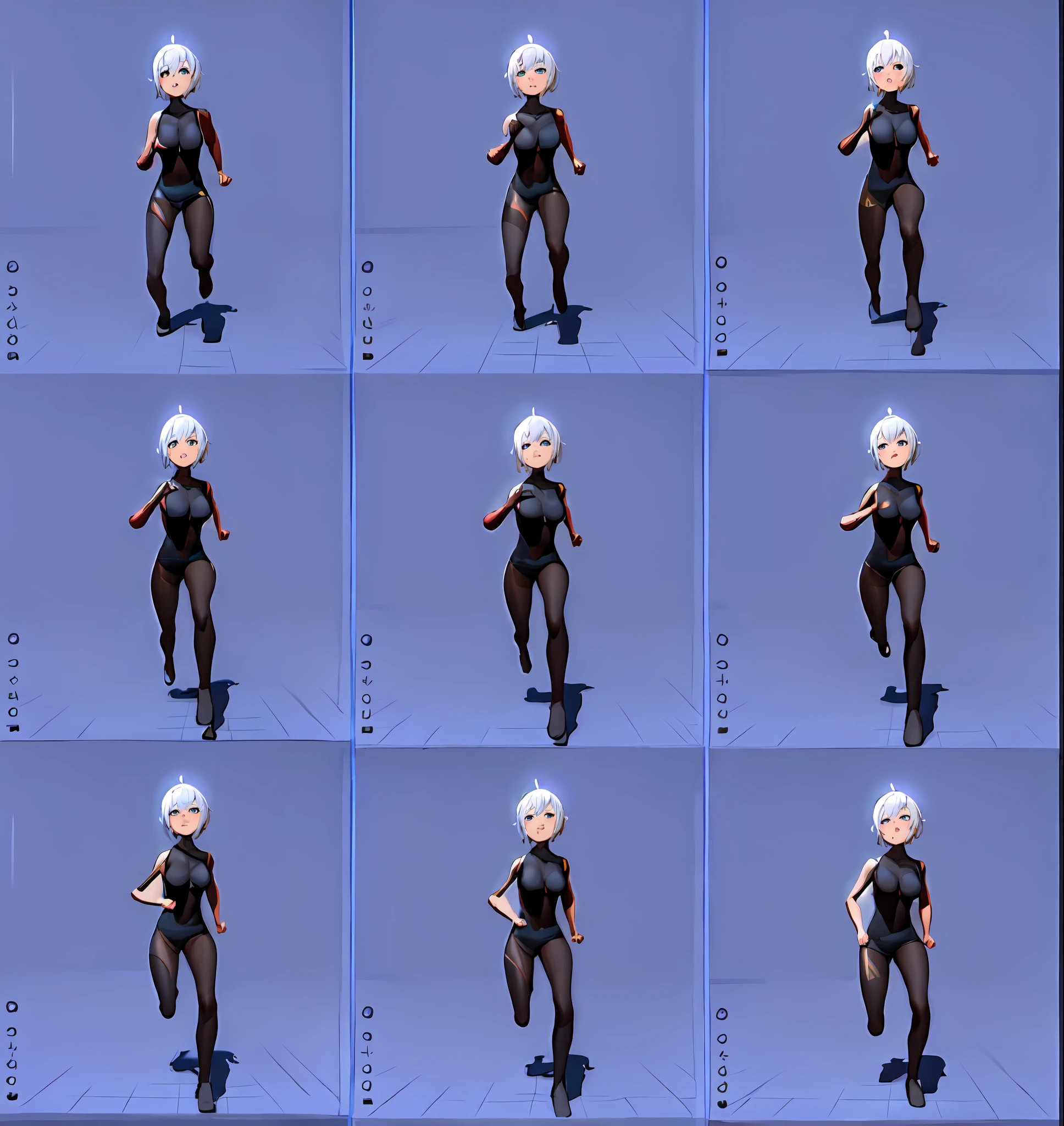 (((( same character )))) , multiple views, front view, (((character design sheet, same character))), ((character concept art)), anime character design, highly detailed character design, maple story character art,((Best quality)), ((masterpiece)), ((highly intricate details)),beautiful, high quality, highres, absurdres, light difussion, intricate details, complex details, ((anime)), (anime:1.2) , (perfect face:1.3),colorful, highest detailed, vibrant colors, high contrast, (8K UHD:1.2), (photorealistic:1.2),(masterpiece:1.4), (best quality:1.4),extremely detailed wallpaper, highly detailed illustrations,(super-complex details) , 4K unified, (super-detailed CG: 1.2) , (8K: 1.2),(original), (masterpiece) , (best quality) , (reality: 1.3) , photorealistic, Octane rendering, (surreal: 1.2) ,((masterpiece:1.4, best quality:1.2)), anime 1girl, with green_eyes, short_hair, anime full body illustration, full body cgsociety, full body, full body illustration, sona is a slim, full body portrait of a short!, loish |, demon girl, black sketch, detailed_hair, detailed_natural_skin, close-up of a cartoon woman with white hair, oppai proportions, seductive anime girl, full body zenkai!, oppai, biomechanical oppai, covered breasts and sfw, anime moe artstyle with big breasts, white skin, very white skin, skin exposition, oppai proportions, different full body view, multiple poses, various poses, different poses, various pose, sprite sheet, black clothes, all black clothes, (((( same character )))), the anime girl is running, running sequence, various pose, default pose neutral expression, fullbody dynamic poses, character animation, running pose, dynamic poses, dynamic pose perspective, pose reference, style of titmouse animation, full body with dynamic pose, fullbody shot turnaround, various action poses