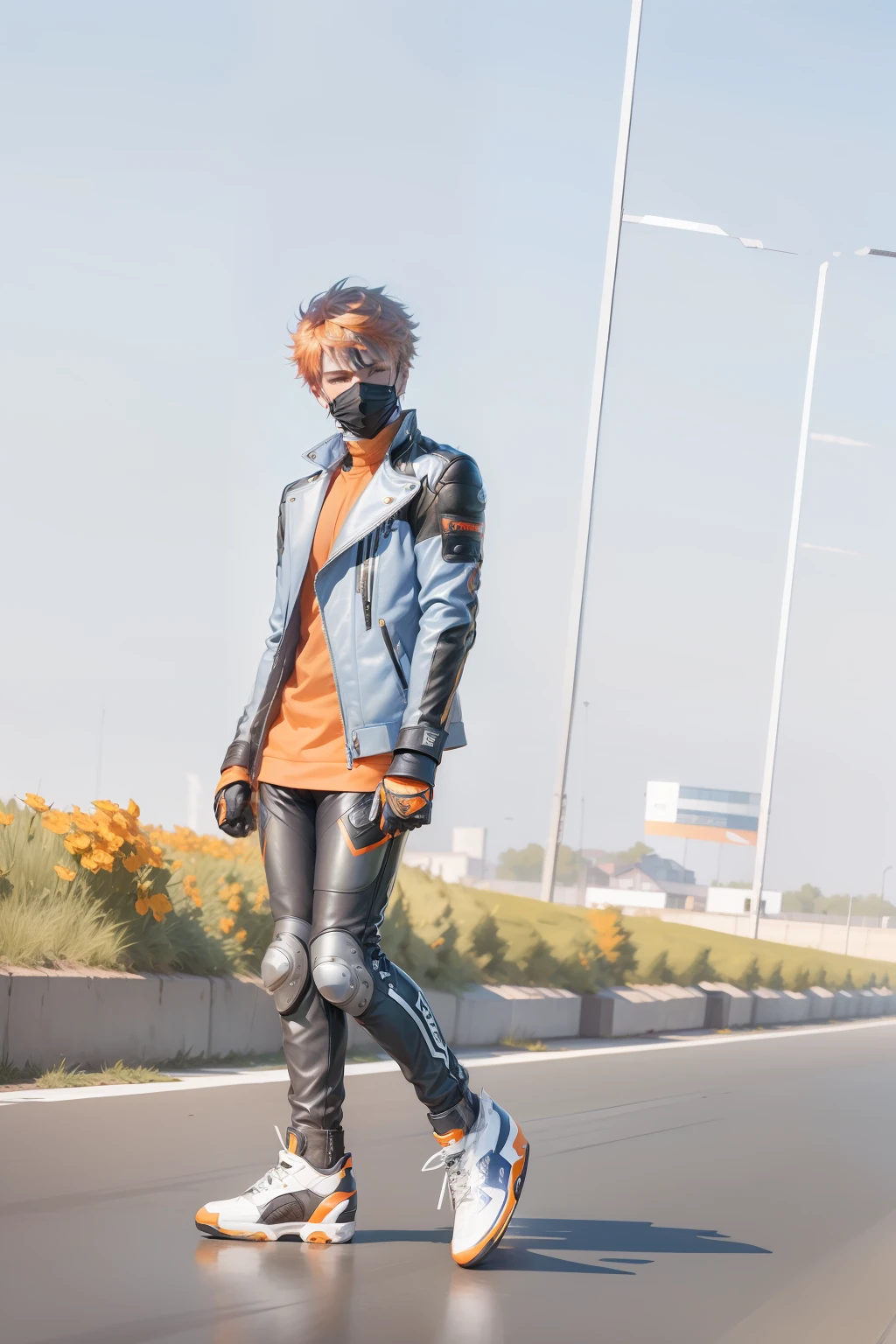 Masterpiece, best quality, tartaglia (genshin impact), gloves, mask, 1boy, blue eyes, black gloves, solo, orange hair, bangs, hair between the eyes, gray jacket, (((sitting on a motorcycle)))), (motorcycle), (competitive motorcycle), (full body))