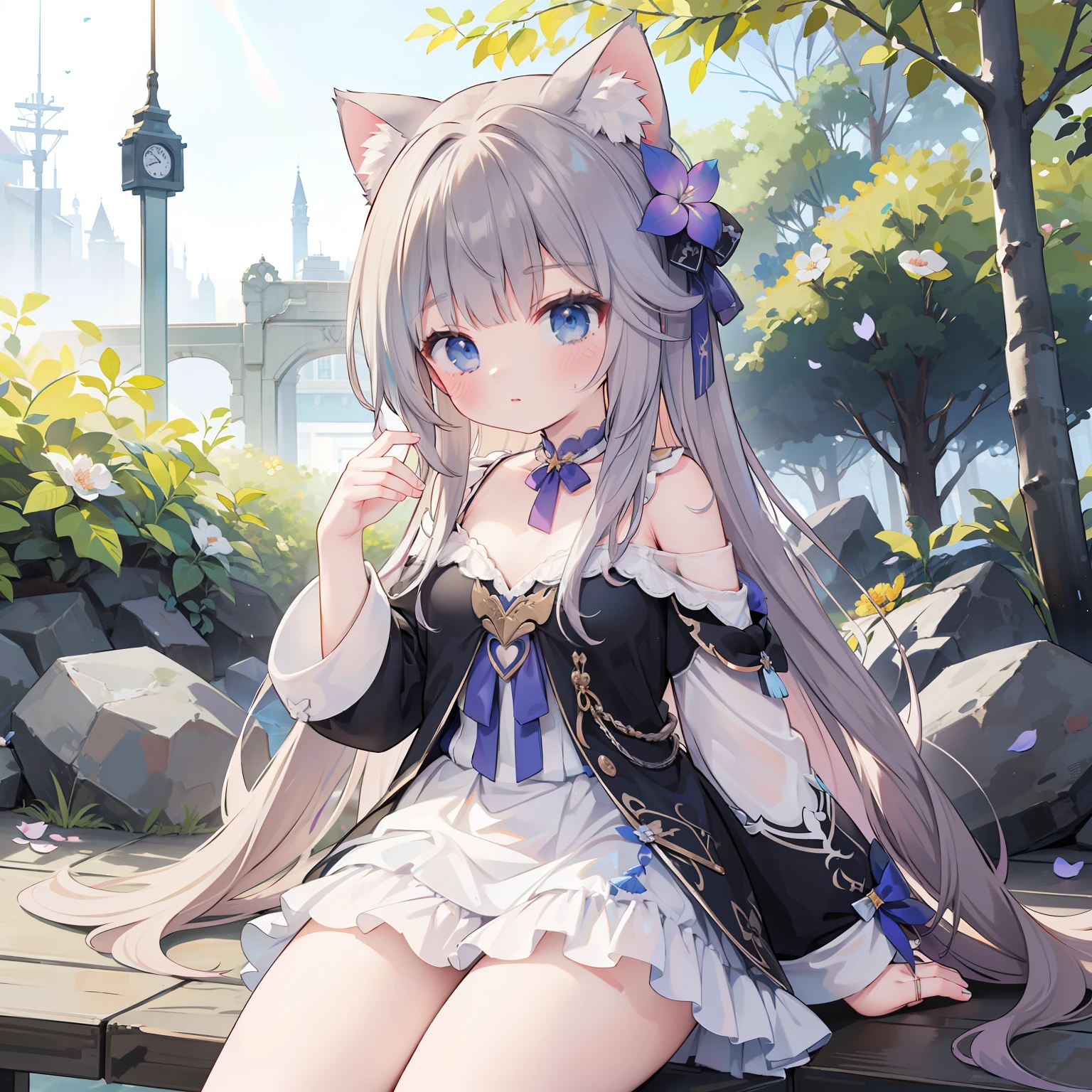 extremely detailed CG unified 8k wallpaper, very fine 8KCG wallpaper, absurderes,Lori ,Best Quality ,ultra-detailliert ,Beautiful face ,masterpiece、top-quality,Lori ,Best Quality ,ultra-detailliert ,Beautiful face、Show from the hips to the shoulders, Sitting, flat chest, girl,Woman,Female, Little,child,, Very long hair, side locks, Blue hair, Beautiful face, blush, Cat_Ears, Closed_Mouth, Small_breasts, Blue eyes, pale skin, Black_bow ribbon, Dress, Skirt, flowing lace, Bare_Legs, White clothes, flower petals, The sun shines through the trees, butterflys flying around, extremely detailed CG unified 8k wallpaper, very fine 8KCG wallpaper, absurderes,