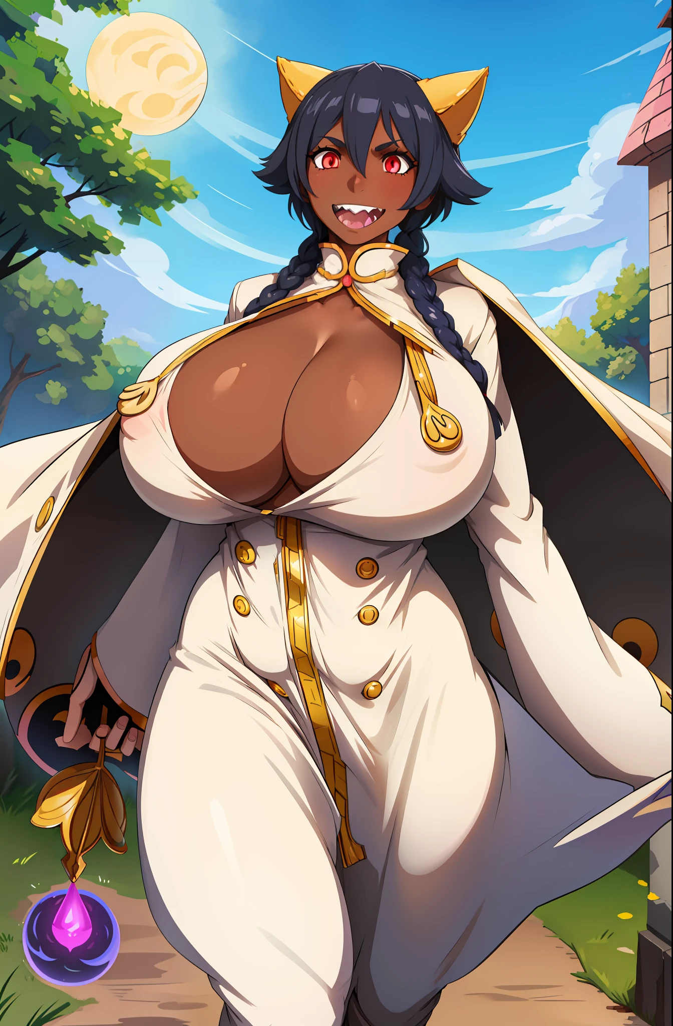 ,huge chest, curved, female,fantasyHere is a cartoon picture of a woman with a very large chest, , vest, pants, black hair, sacred aura, inspired by Red Luma, the non-binary deity of spring, ethereal rainbow nimbus, the butterfly goddess of fire, inspired by Marie Angel, will have shining around her, like the sun goddess, "uwu the prismatic person, big breast, happy, beautiful eyes, , full body, walking, long dress, long dre, nun, priestess, saint, body of venus, bent, huge chest, forest, walking, smile, sharp teeth, black coats, coat, dark skinned, twinbraids, brow hair, cat ears,,red eyes