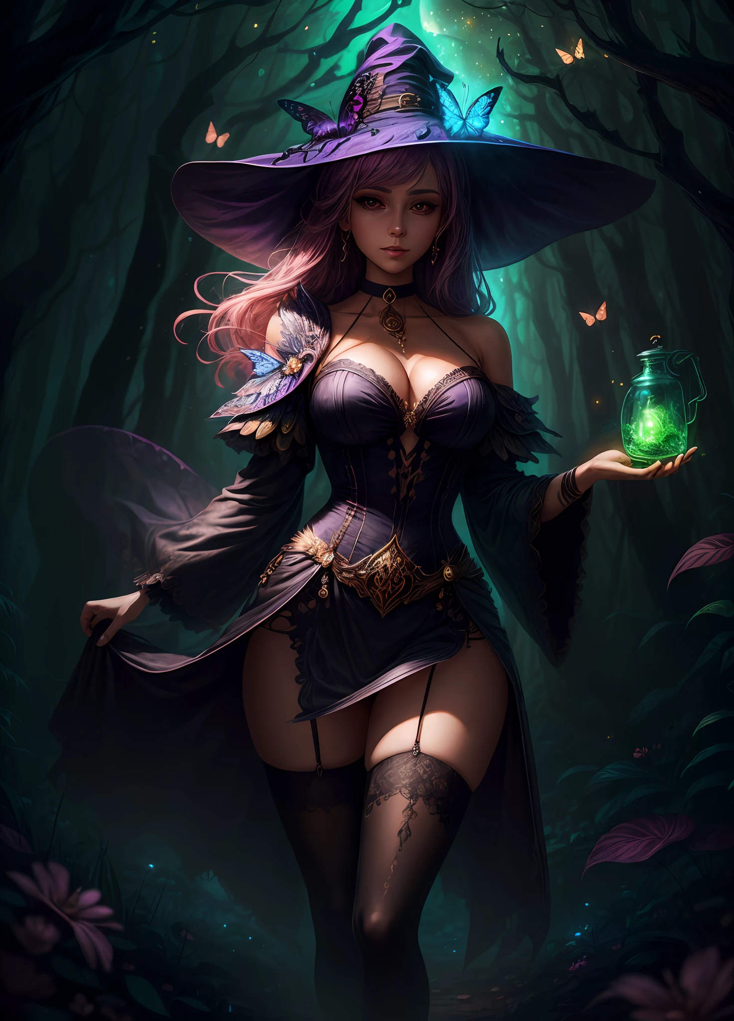mid shot, masterpiece, highly detailed, dynamic angle, most beautiful artwork in the world, illustration, cinematic light, fantasy, highres, highest quallity, ultra detailed,  best quality, masterpiece, (detailed face), sexy mature woman wears a shirt and fullbody (galaxy) cloths coat, floating cloth, choker, glowing (elder underworld fantasy) forest plants with neon details, open shoulders, tiny glowing butterfly, hair jewery, wearing a witch hat, (focus on body:1.25), night, small mutated animals in background, skirt, black stocking, a potion on hip, shoulder pads emitting magic energy, cameltoe, dark, light reflection