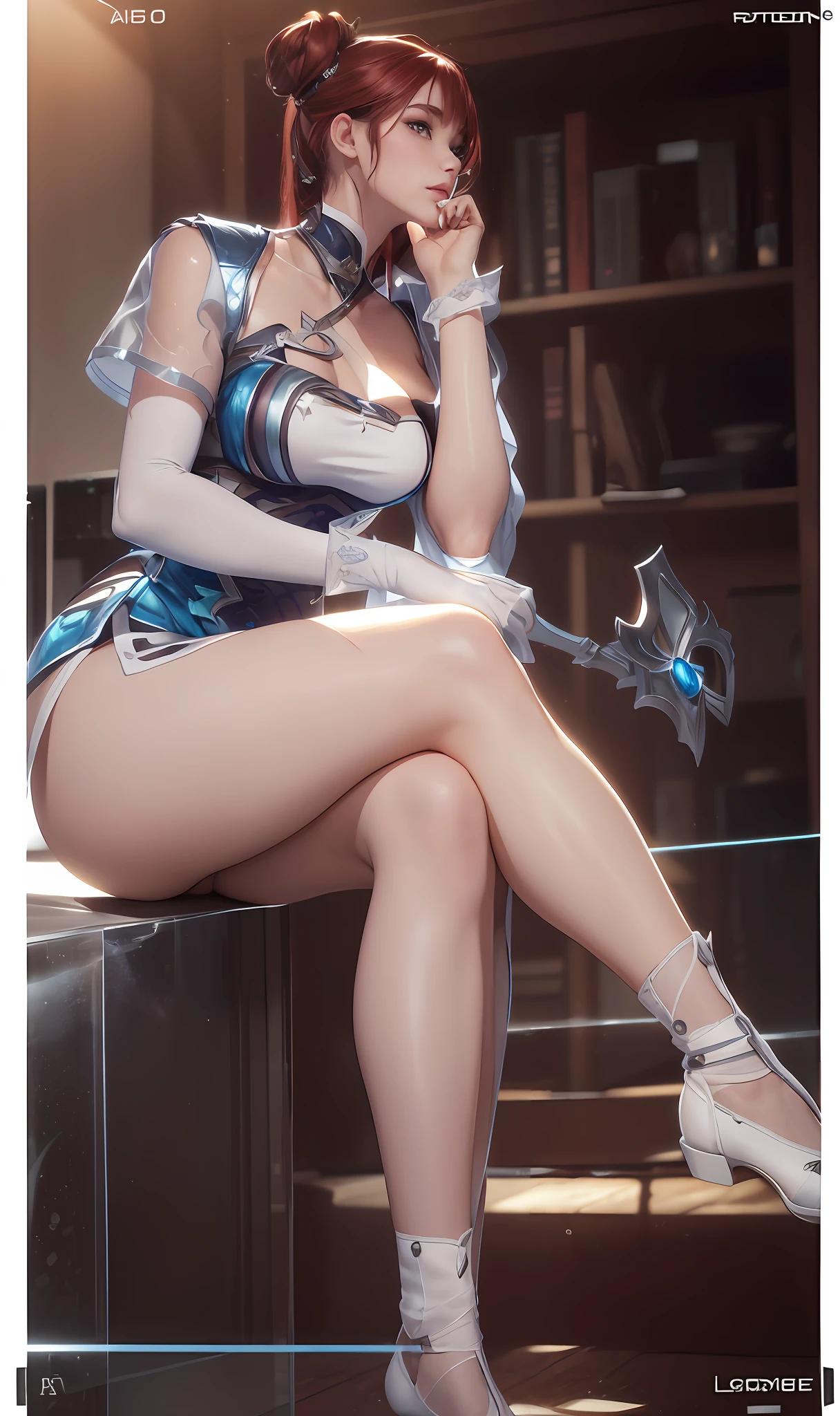 High quality fingers，Normal hands，detailed finger，tmasterpiece，（realisticlying，Photorealistic：1.37），（22-year-old woman），Katharina from League of Legends，mediuml breasts，Small waist，dark red colored hair，eBlue eyes，beauitful face，Perfect litthing，beatiful detailed eyes，looking at viewert，stunningly beautiful woman，detailed hairstyles，detailed back ground，shorter pants，Detailed fantasy background，（perspired：1）tmasterpiece，Best quality，Portrait of 1girl，((best qualtiy)), ((tmasterpiece)), (the detail:1.4), 3D, hdr（HighDynamicRange）,Ray traching,NVIDIA RTX,Hyper-Resolution,Unreal 5,Subsurface scattering、PBR Texture、post-proces、Anisotropy Filtering、depth of fields、maximum definition and sharpness、Many-Layer Textures、Albedo e mapas Speculares、Surface coloring、perfectly proportions、rendering by octane、Two-colored light、largeaperture、Low ISO、White balance、the rule of thirds、8K raw data、Raised translucent top, Smaller top, Smaller white lace shorts, Raised, Mature feminization, Flattering eyes, White lace translucent top，Flat bare abdomen, Snow-white thighs, White lace stockings, Bare arms, Mature charm deep V open neck, White lace translucent shorts perfect figure 9-head beauty body contains thunderbolt