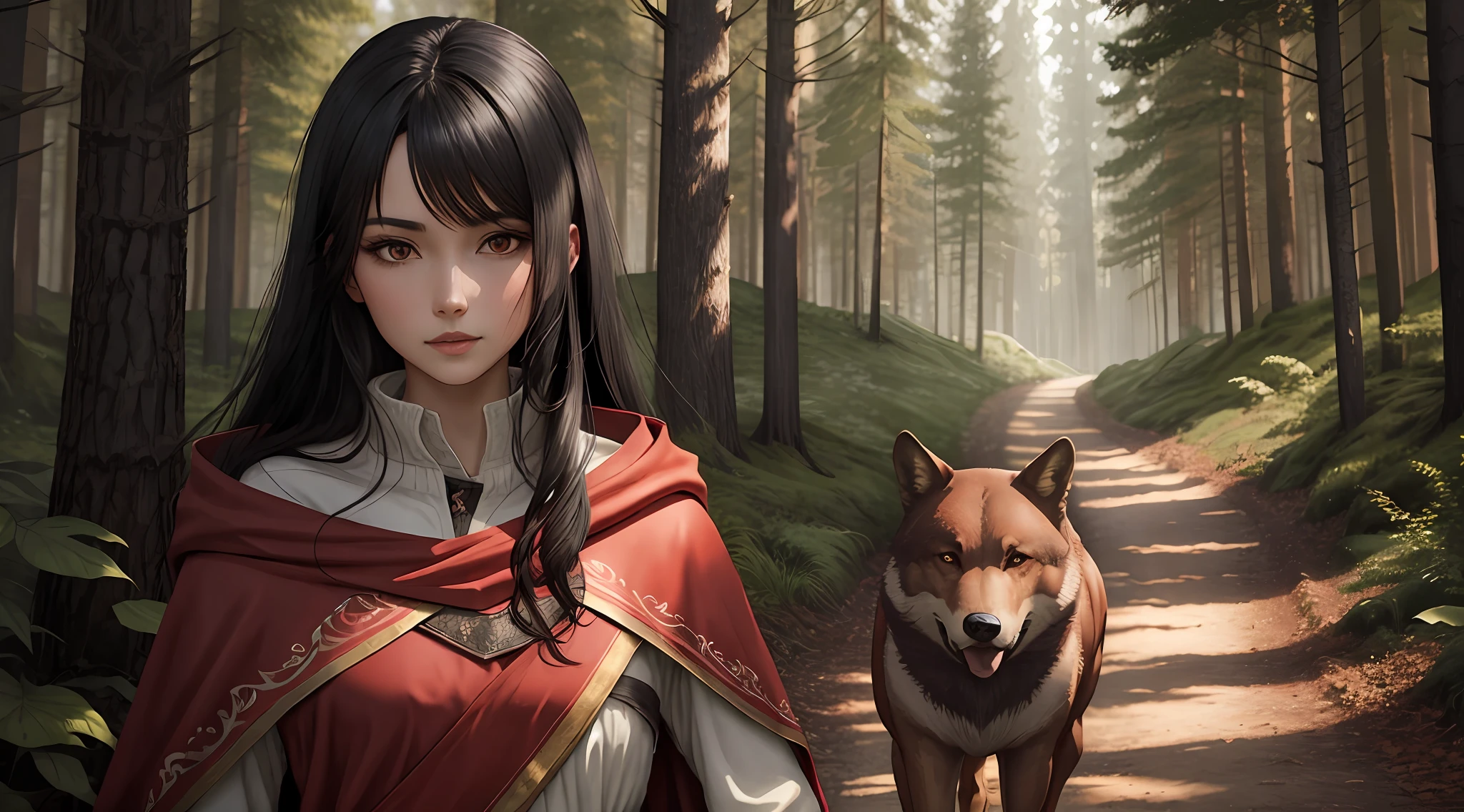 Black-haired girl in red cloak and a brown wolf,at a forest