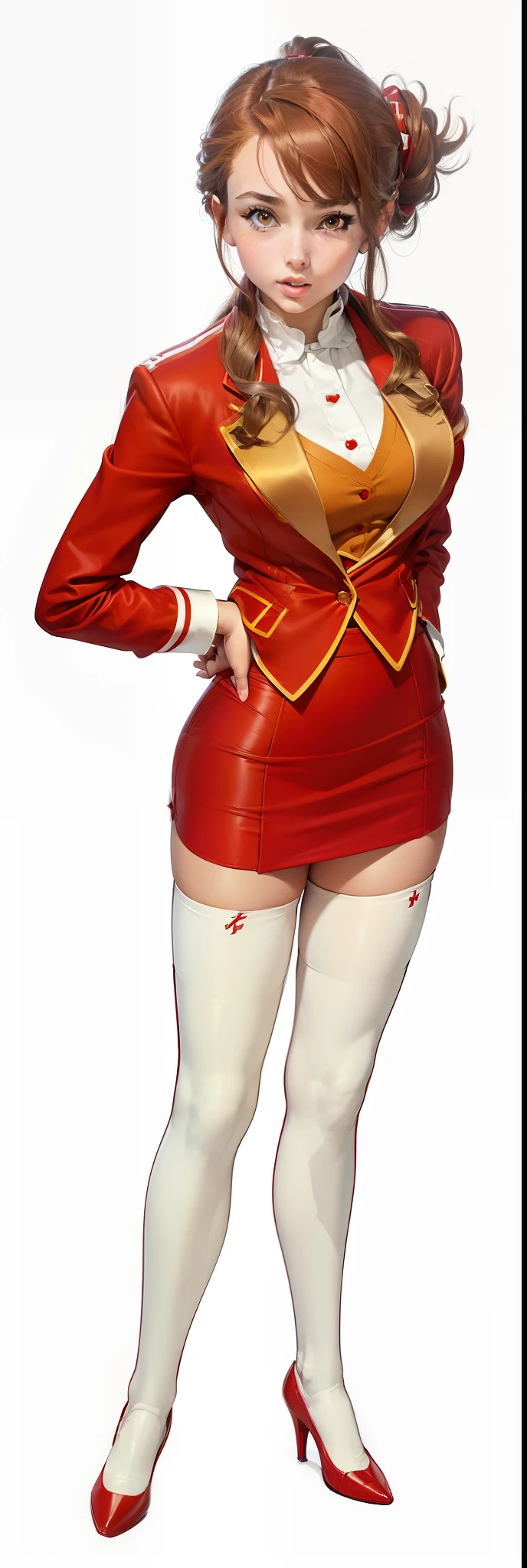 ((Masterpiece, highres)), 1girl, solo, teenager, ((brown hair)), long hair, curly hair, matching hairstyles, different hair color, confident, hazel eyes, happy, arms at sides, straight backs, (((red blazer, red pencil skirt, white thighhighs, thighhigh socks, red high heels))), standing at attention, large breasts, full body