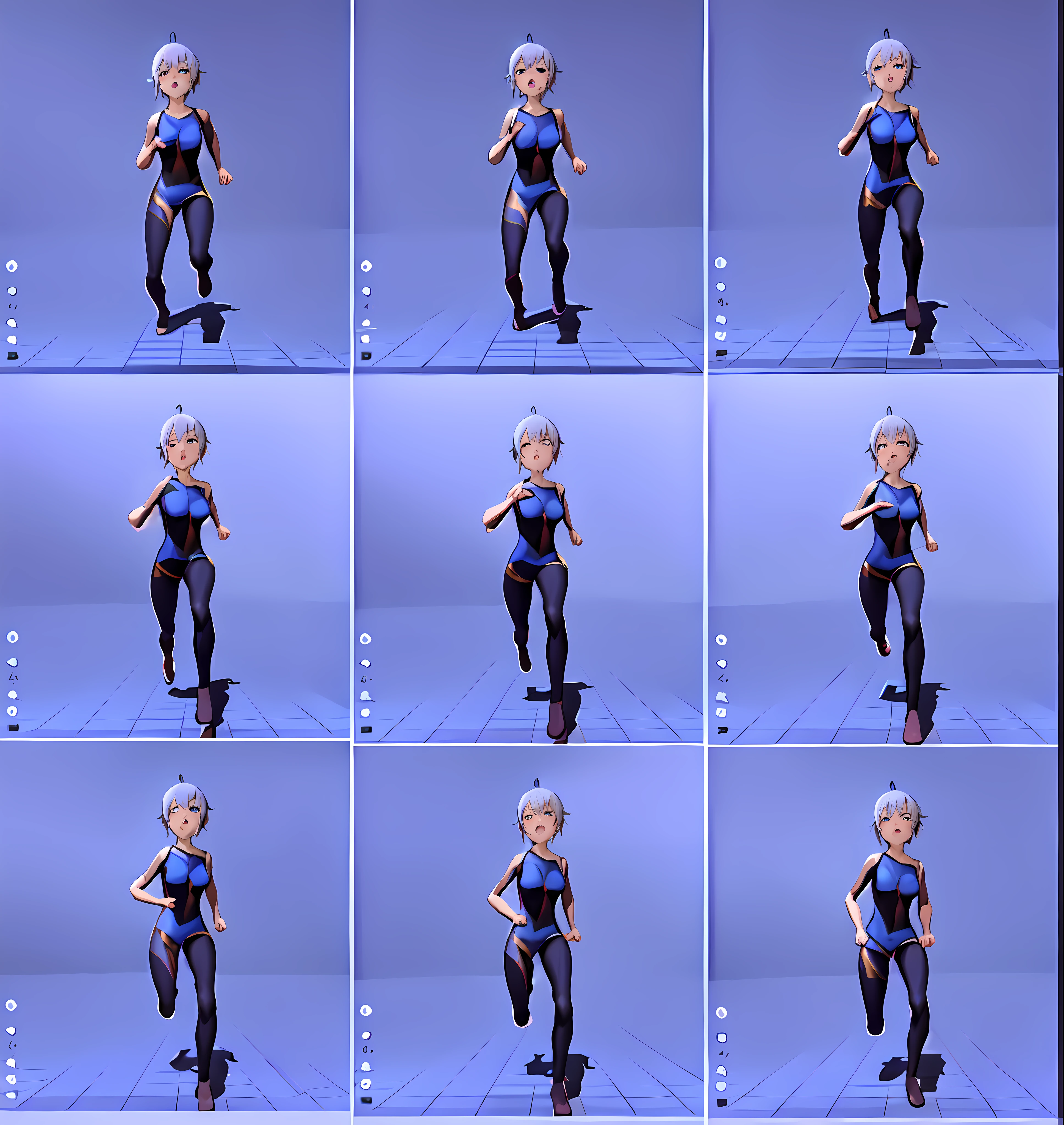 the anime girl is running, running sequence, various pose, default pose neutral expression, fullbody dynamic poses, character animation, running pose, dynamic poses, dynamic pose perspective, pose reference, style of titmouse animation, full body with dynamic pose, fullbody shot turnaround, various action poses