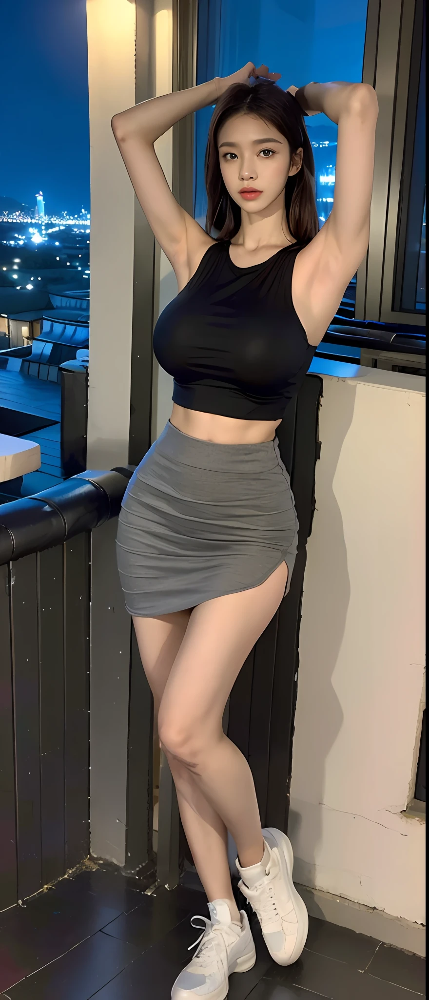 ((Midnight, Best quality, 8k, Masterpiece :1.3)), Whole body, Long legs, Sharp focus :1.2, A pretty woman with perfect figure :1.4, Slender abs :1.1, ((Dark brown hair, Big breasts :1.2)), (tanktop, short skirt, sneakers, Standing:1.2), ((Night city view, Rooftop:1.3)), Highly detailed face and skin texture, Detailed eyes, Double eyelid, armpits