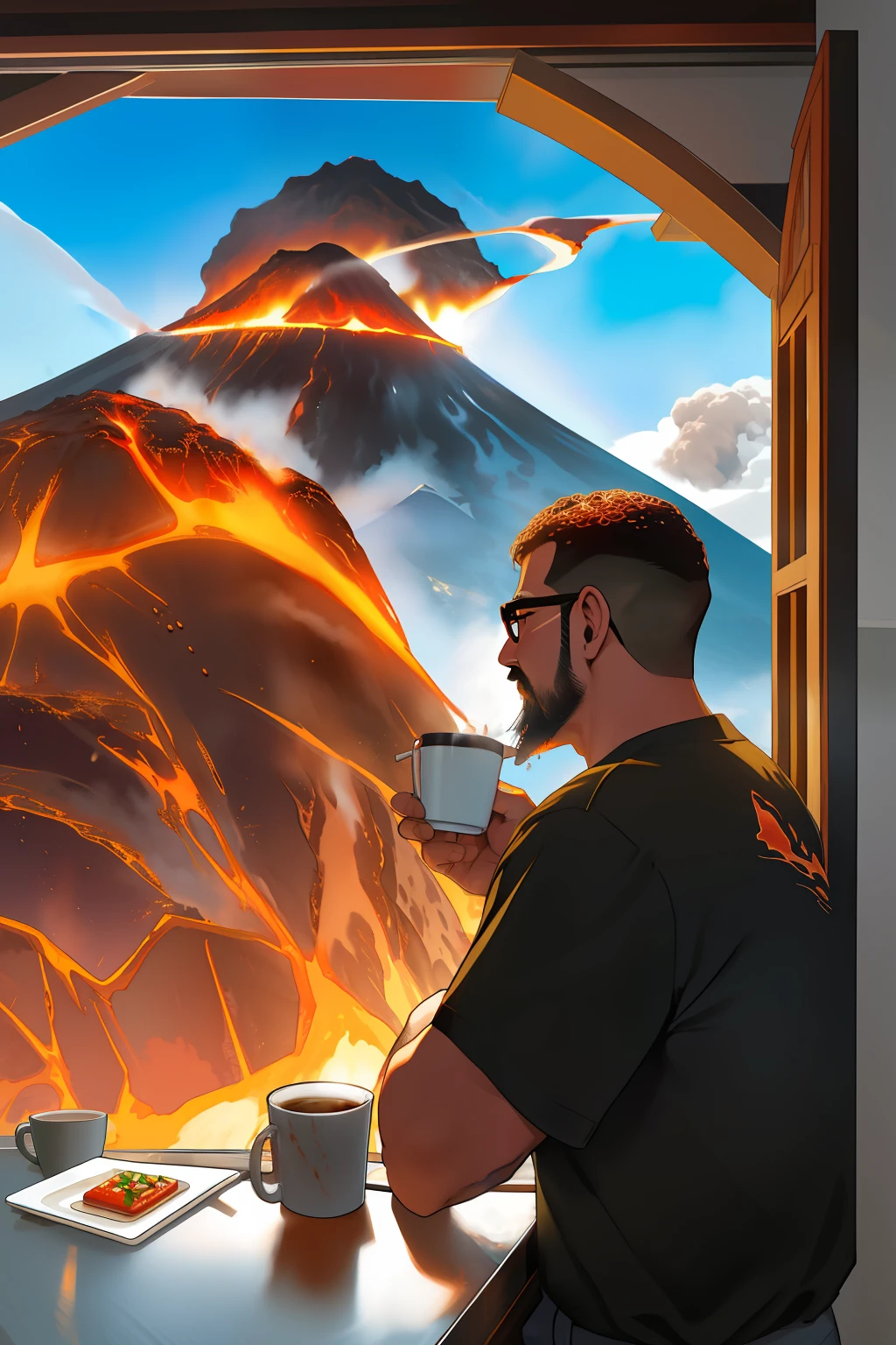 retrato realista de um homem de oculos barba e bigode, rosto definido e detalhado, with a cup of coffee in your hands. Ele esta sentado em uma cafeteria charmosa. Through the window you can see a (volcano erupting with lava and fire:1.3). Cena fantasiosa e realista. Detalhada e sensacionalista. 8k. UHD