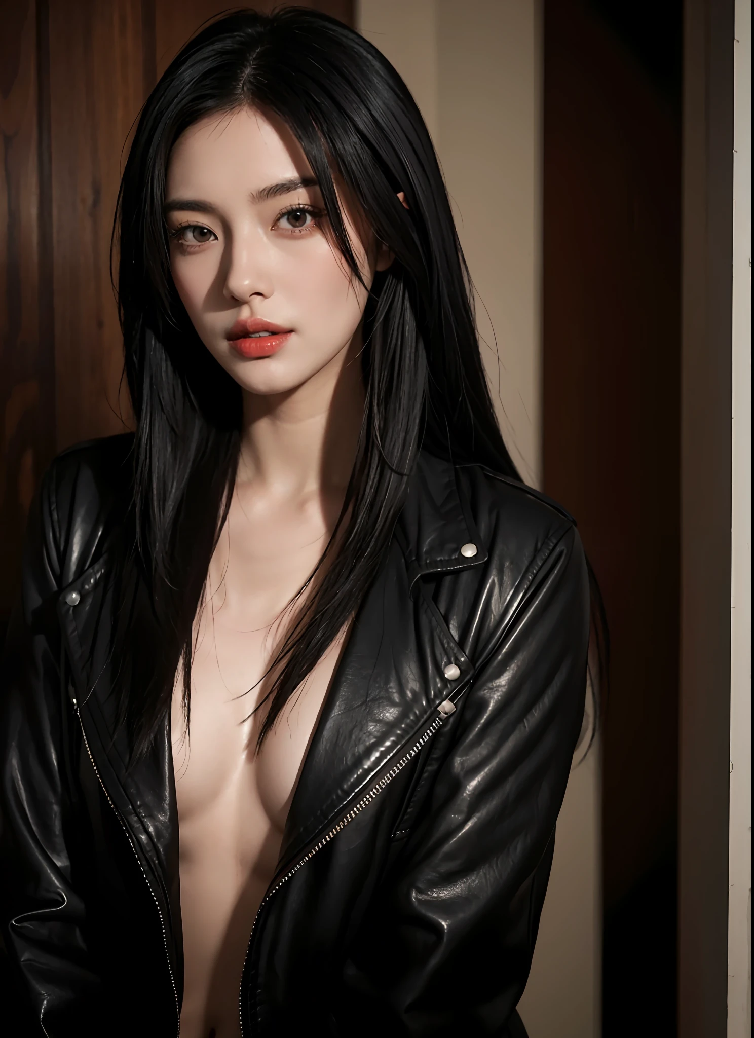 Girl with long black hair and red eyes and black leather jacket, Detailed portrait of a girl、barechested、Model-like body shape, Beautiful portrait, realisitic, Stunning face portrait, , , beautiful Girl, beautiful countenance, attractive girl, Beautiful style, Realistic