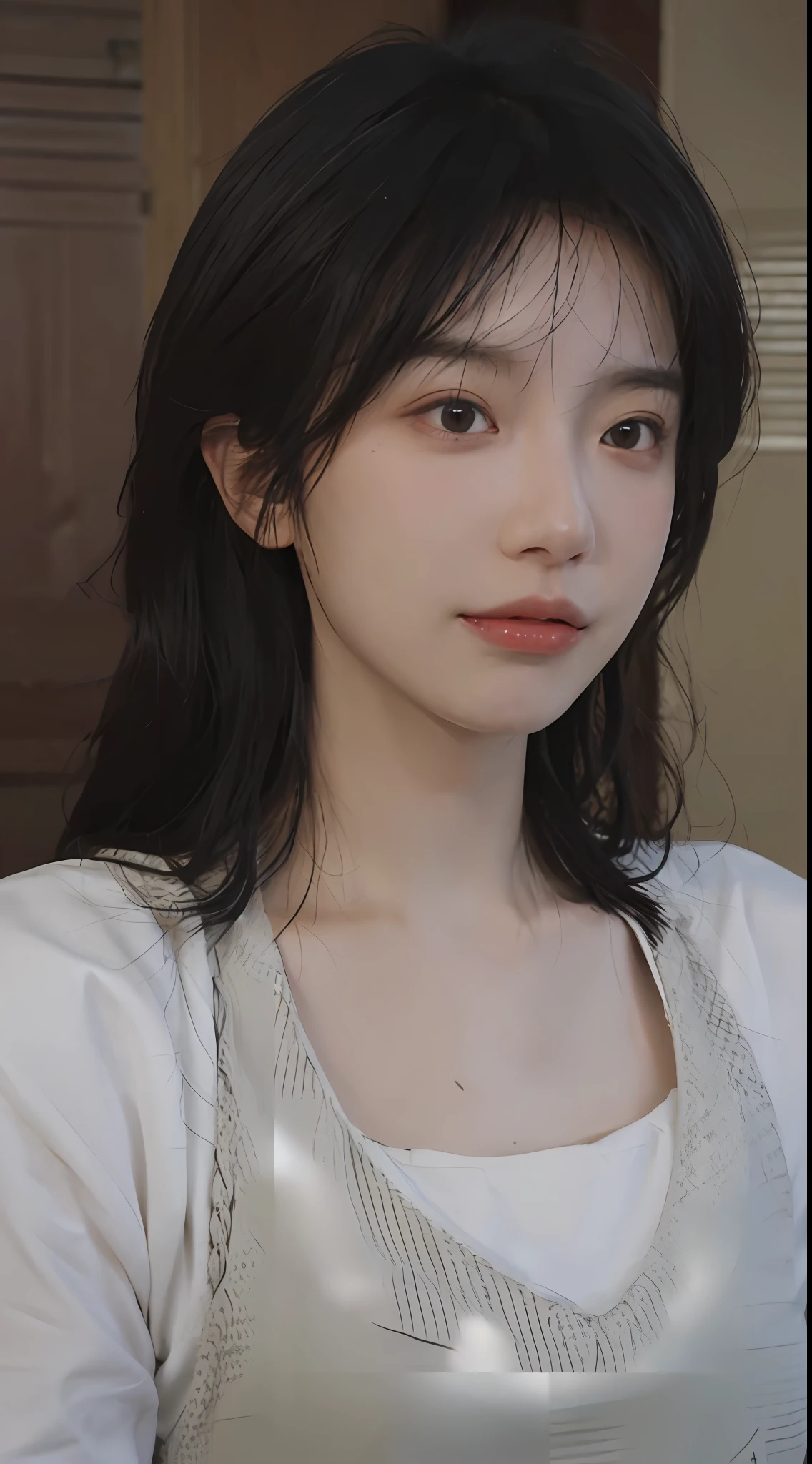 dressed without bra, (photo realistic:1.4), (hyper realistic:1.4), (realistic:1.3),
(smoother lighting:1.05), (increase cinematic lighting quality:0.9), 32K,
1girl,20yo girl, realistic lighting, backlighting, light on face, ray trace, (brightening light:1.2), (Increase quality:1.4),
(best quality real texture skin:1.4), finely detailed eyes, finely detailed face, finely quality eyes,
(joy, blush), (tired and sleepy and satisfied), face closeup, t-shirts,
(Increase body line mood:1.1), (Increase skin texture beauty:1.1)